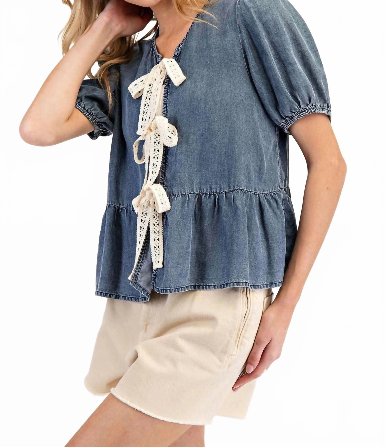 Front Ribbon Tie Denim Top In Blue