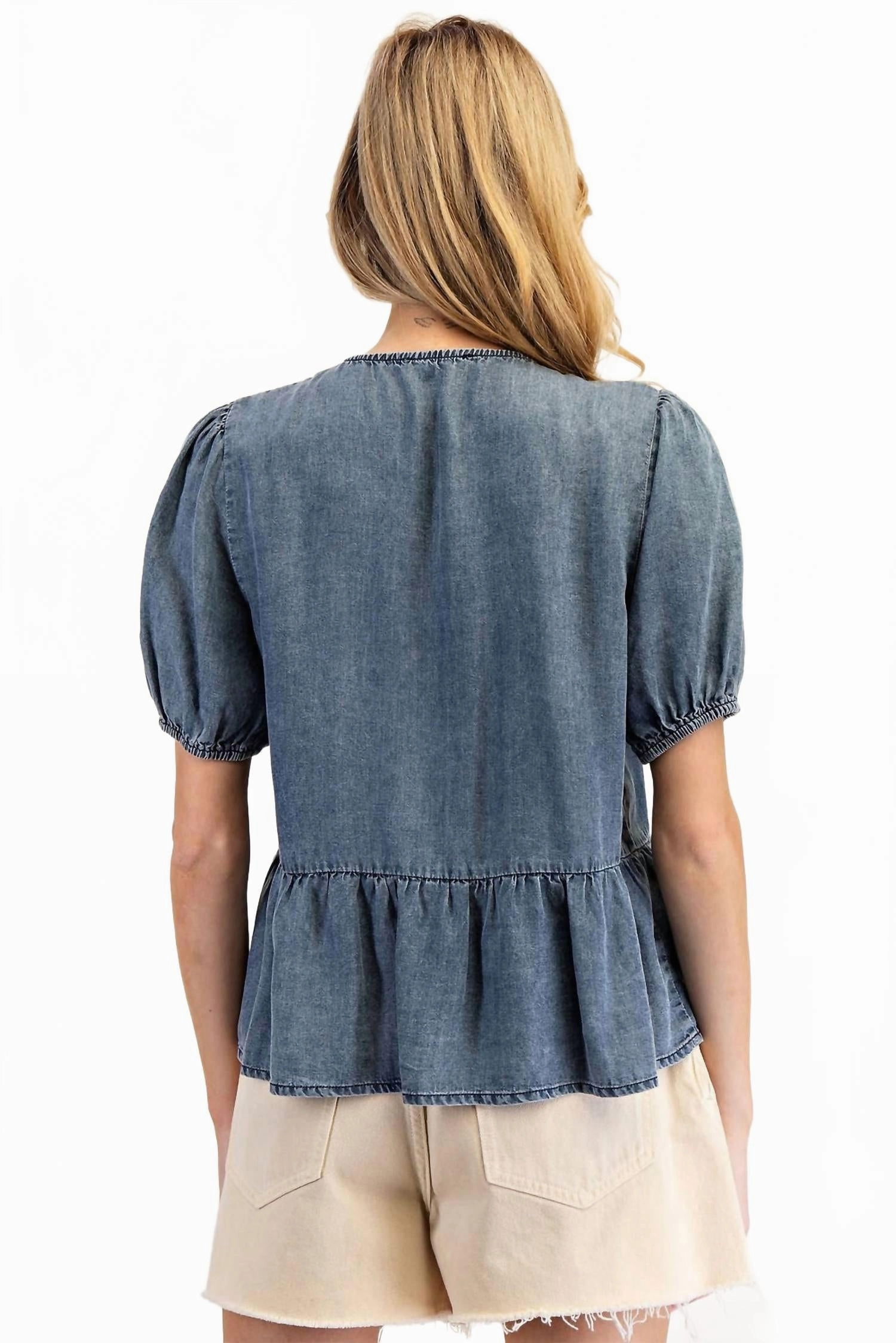 Front Ribbon Tie Denim Top In Blue