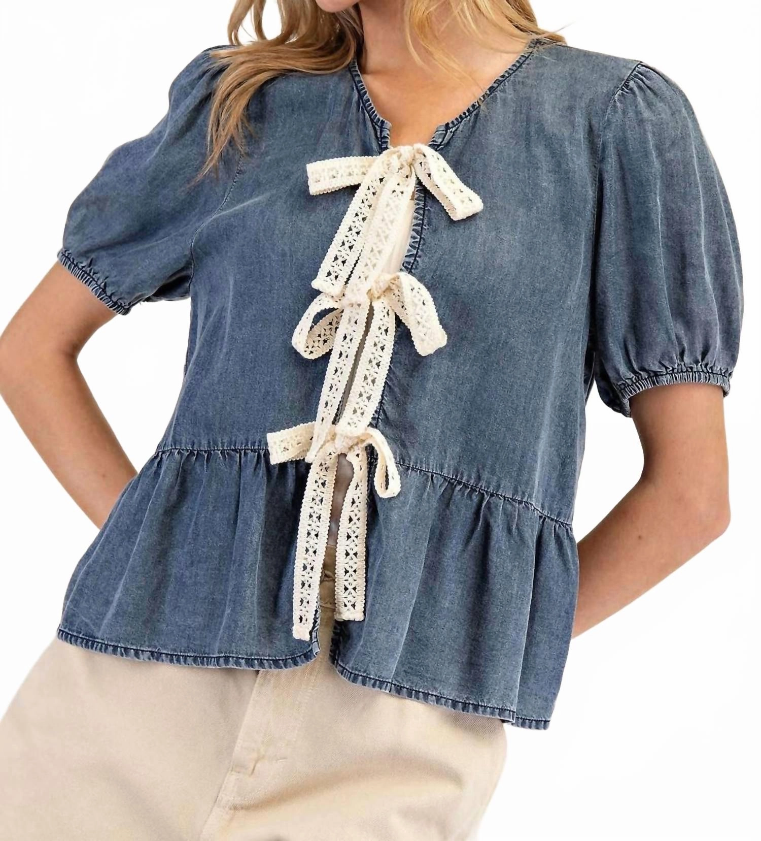 Front Ribbon Tie Denim Top In Blue