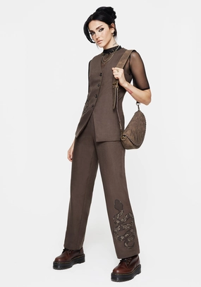Gaia Linen Blend Snake Embroidered Wide Leg Trouser Bottoms Womens - women's jeans sale