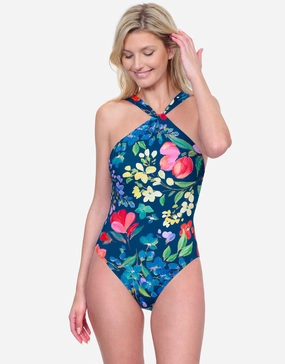 Garden Dream High Neck Swimsuit - Multi Navy Gottex - Gottex swimsuits discount