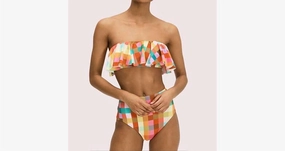 Garden Plaid Ruffle Bandeau Bikini Top In Multi Swim Womens - ruched swimwear outlet