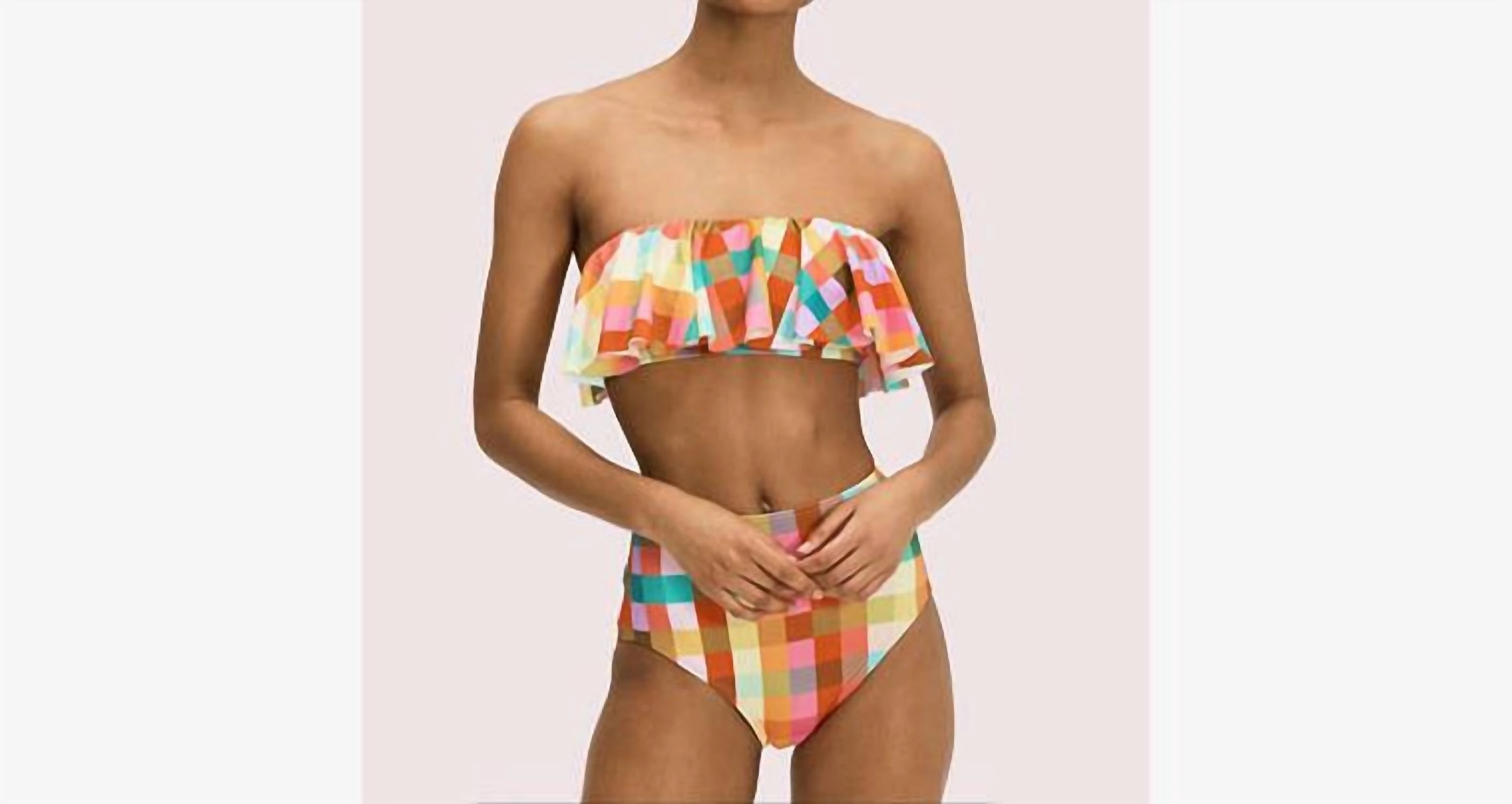 Garden Plaid Ruffle Bandeau Bikini Top In Multi Swim Womens - ruched swimwear outlet