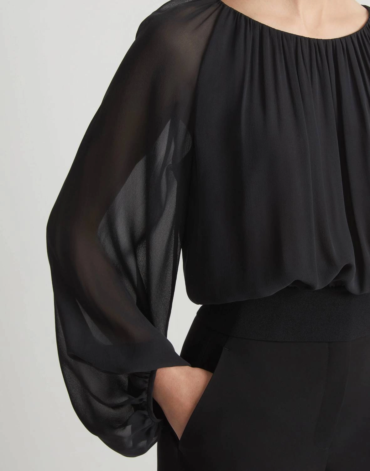 Gathered Neck Balloon Sleeve Top In Black