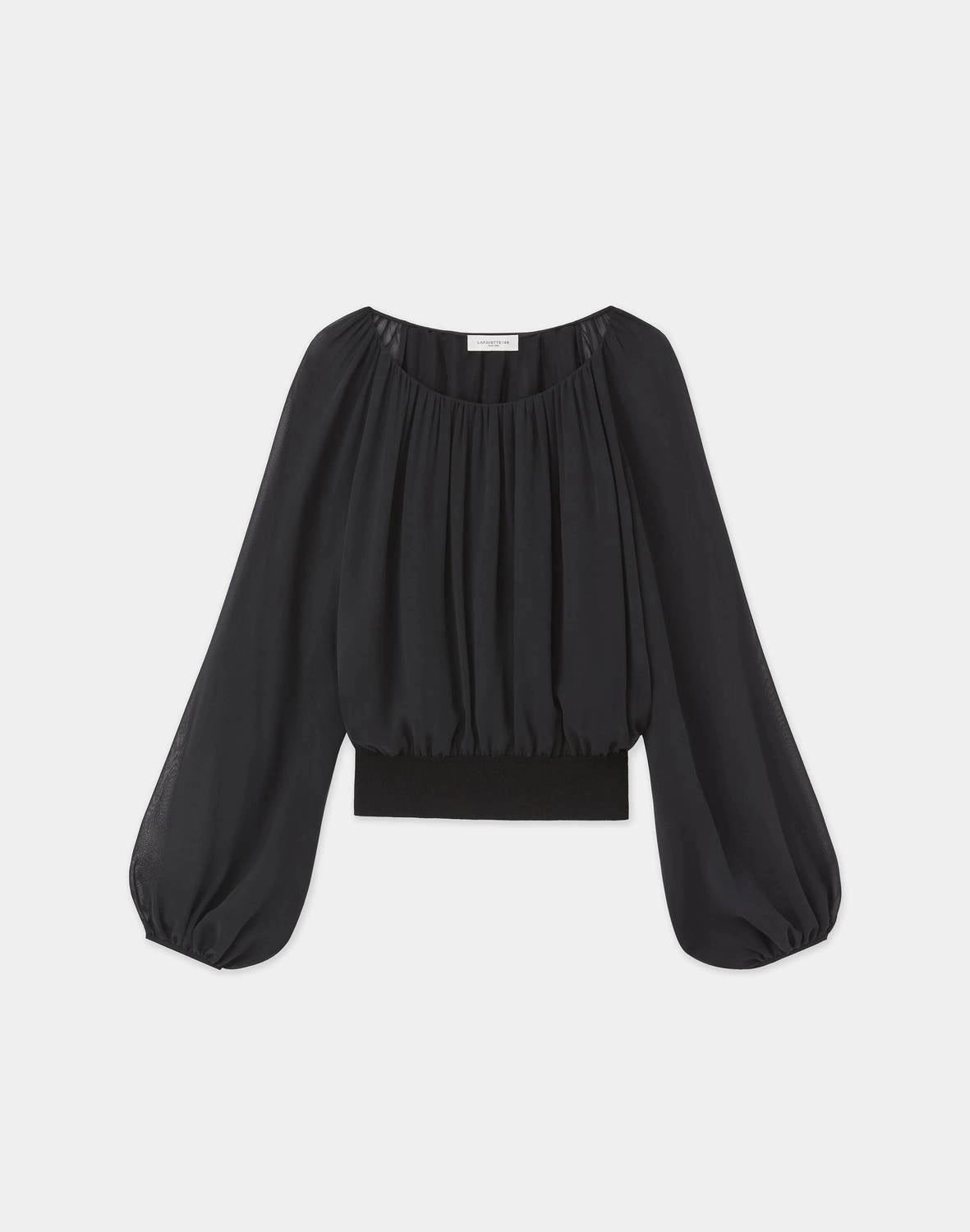 Gathered Neck Balloon Sleeve Top In Black