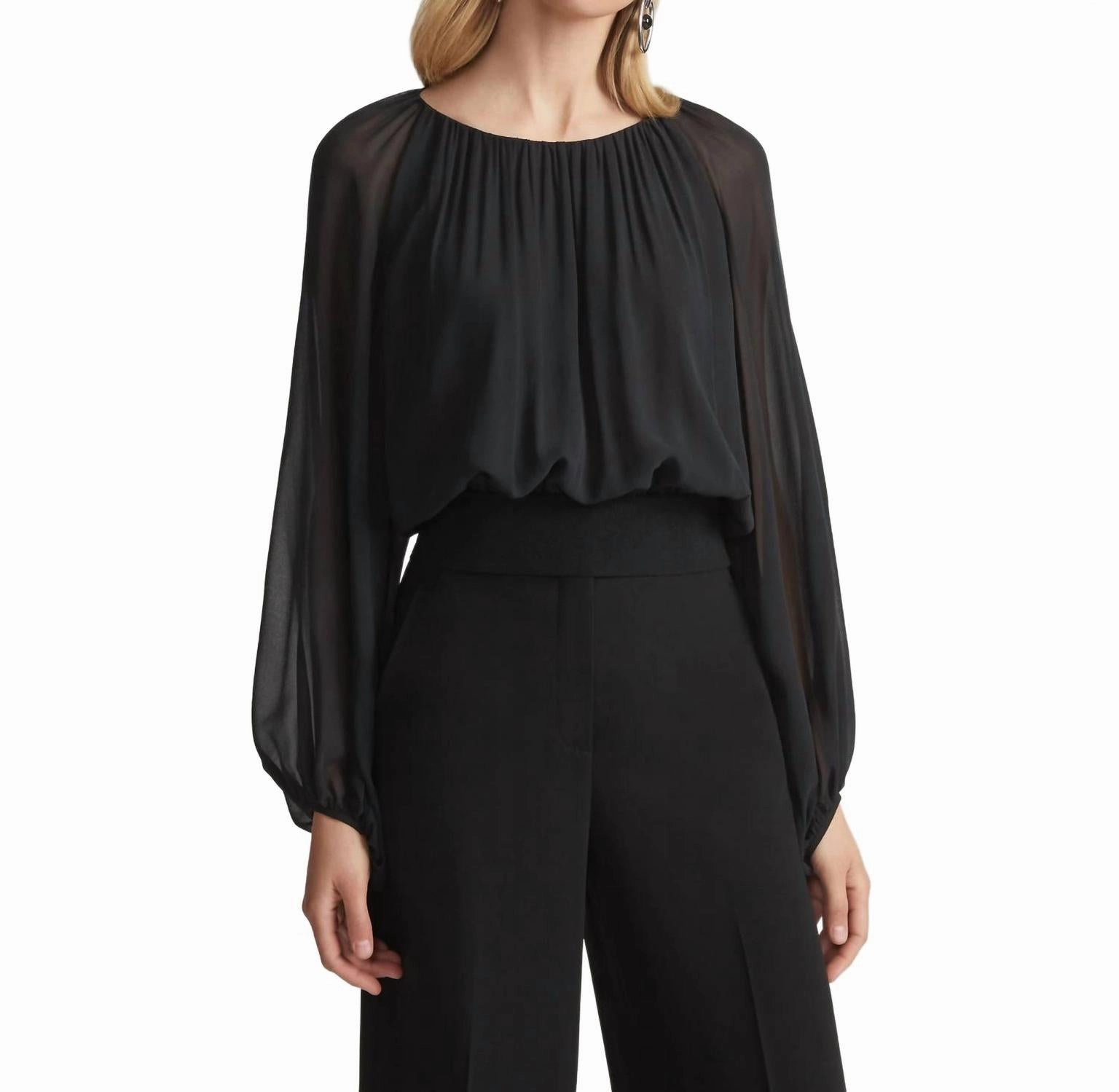 Gathered Neck Balloon Sleeve Top In Black