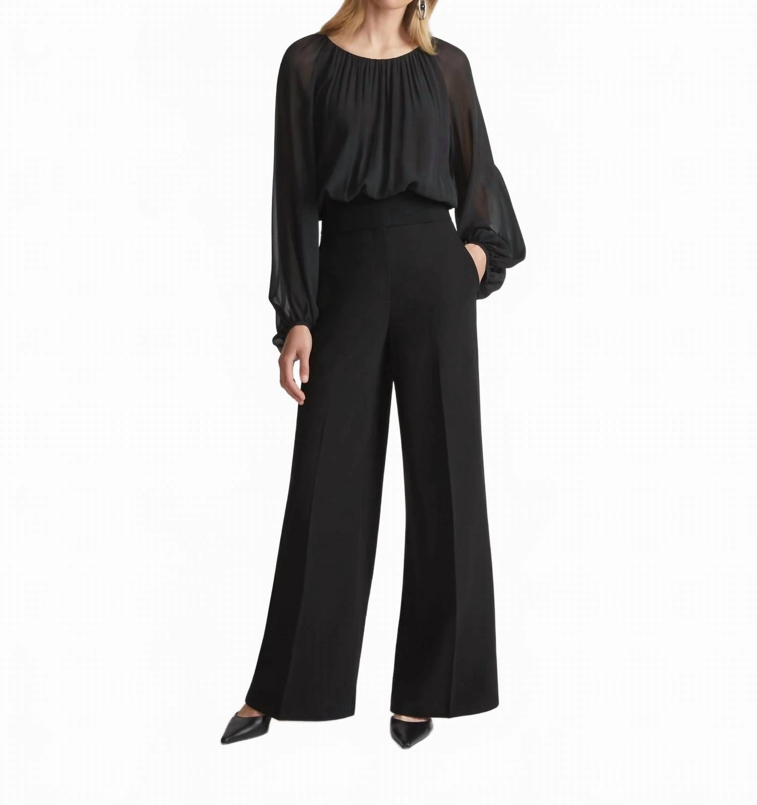 Gathered Neck Balloon Sleeve Top In Black