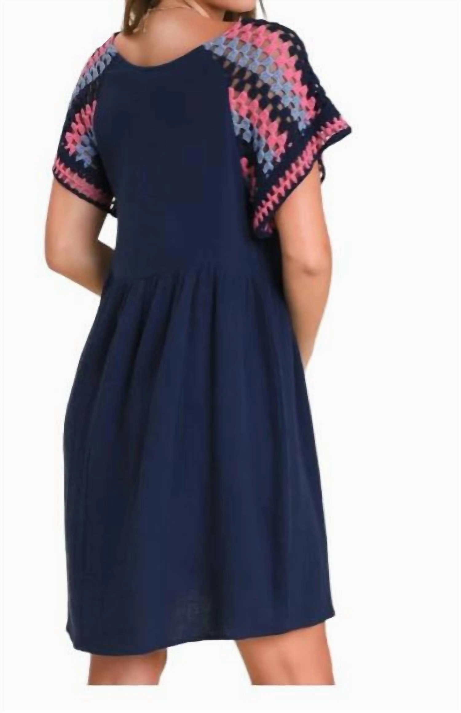 Gauze Fabric Crochet Sleeve Dress In Navy / Blue