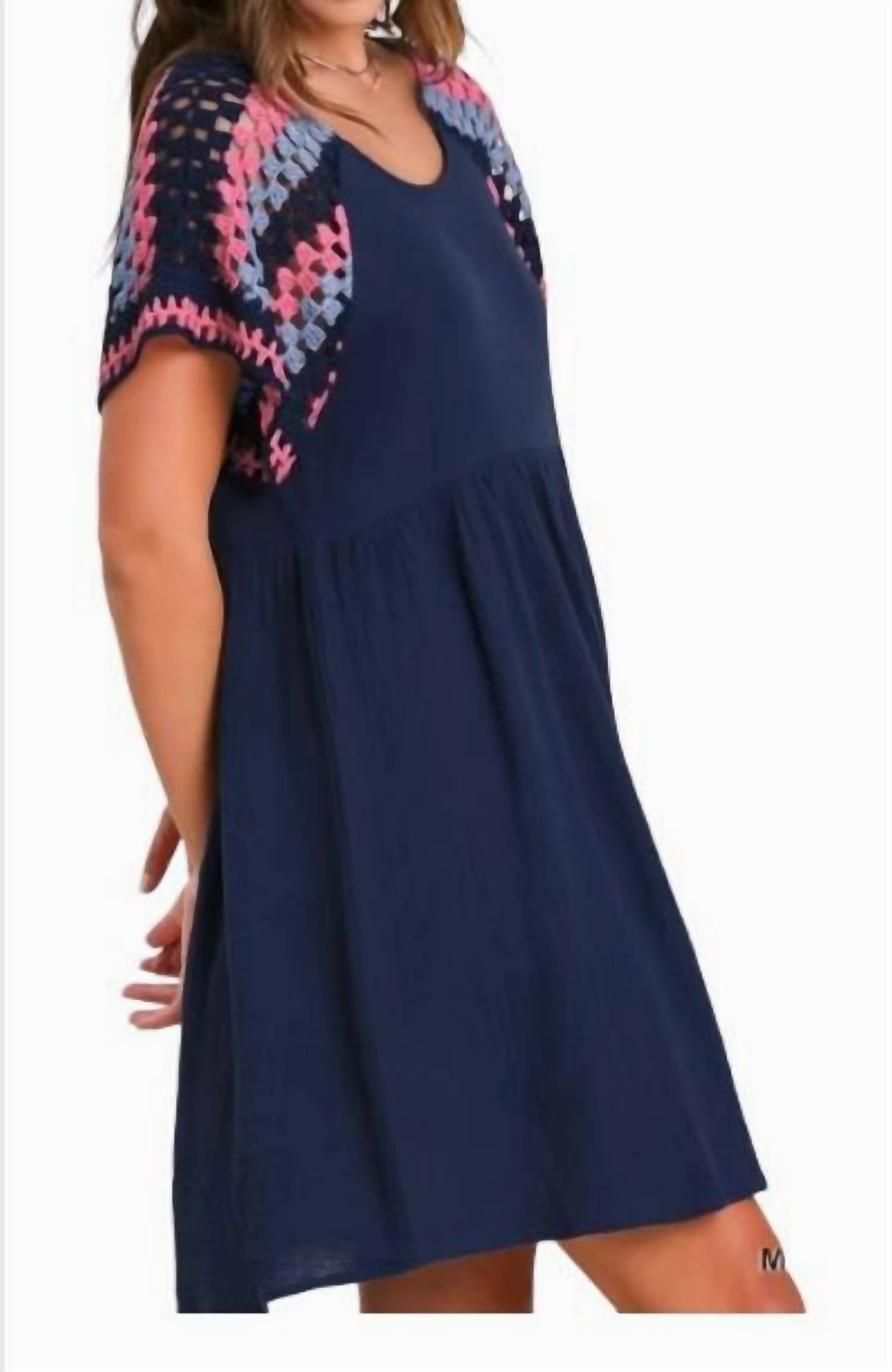 Gauze Fabric Crochet Sleeve Dress In Navy / Blue
