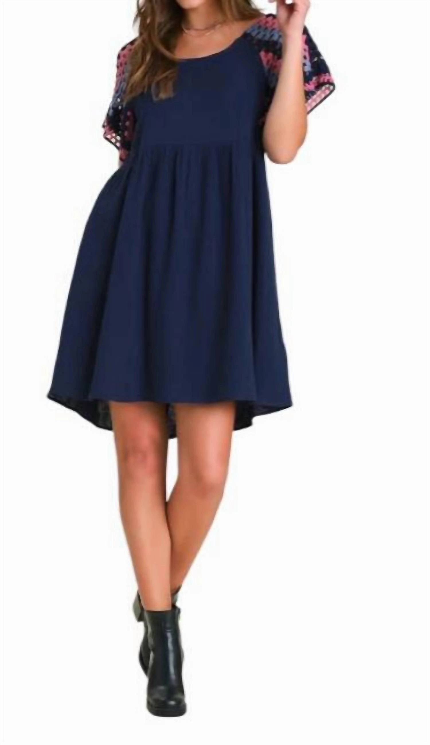 Gauze Fabric Crochet Sleeve Dress In Navy / Blue