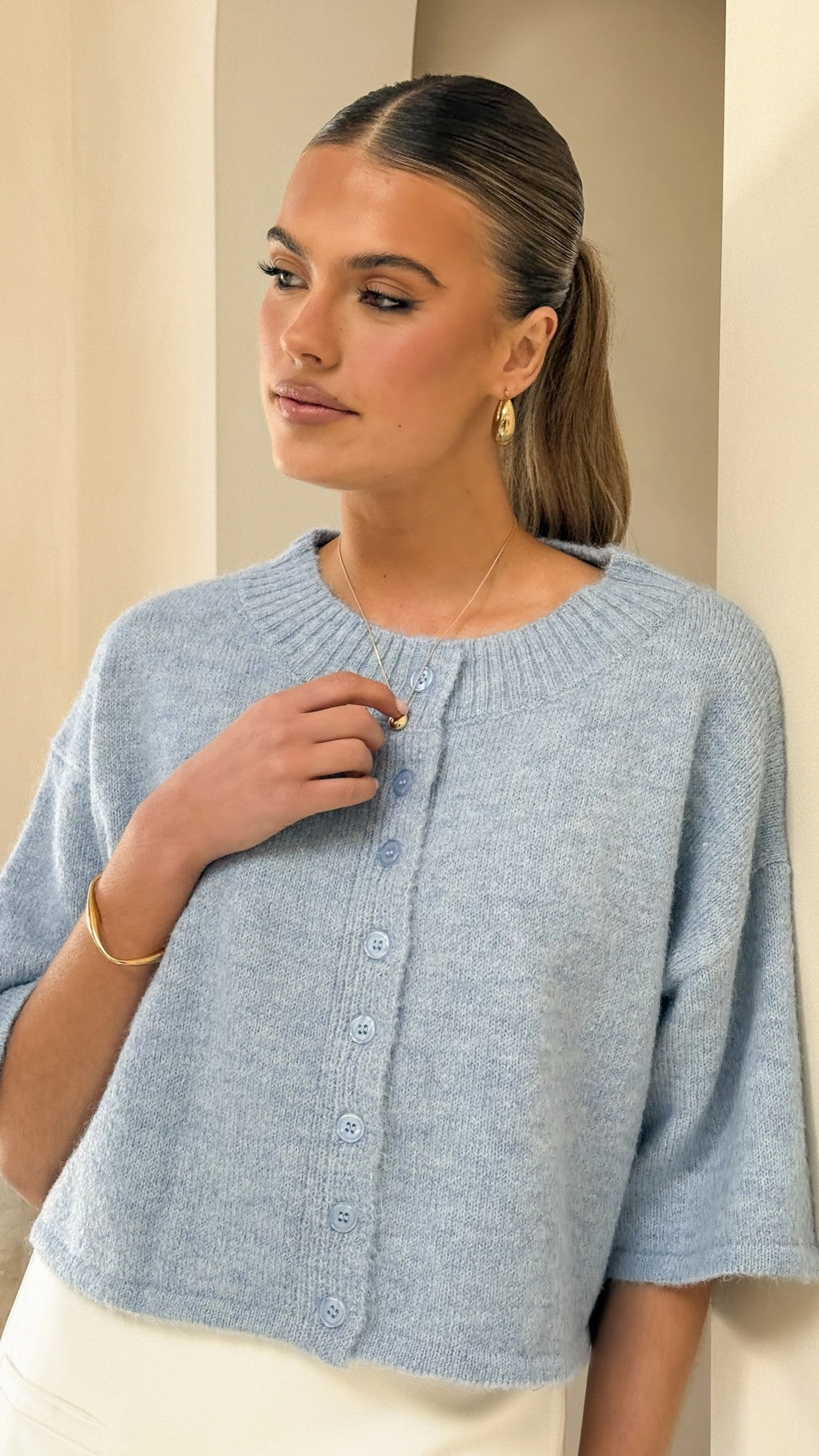 Gazelle Button Up Knit T-Shirt - Blue