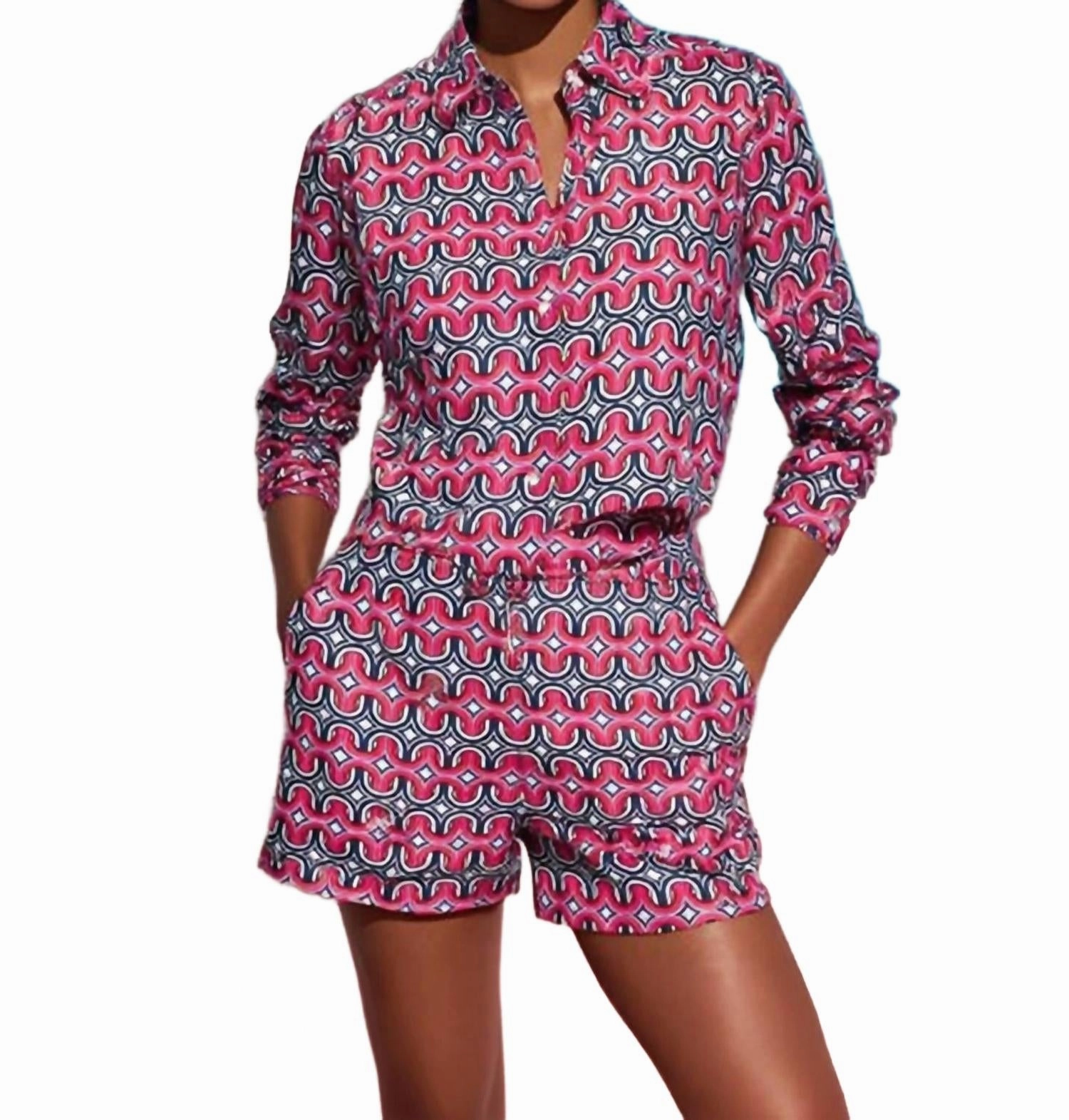 Geometric Print Silk Shirt In Pink/navy
