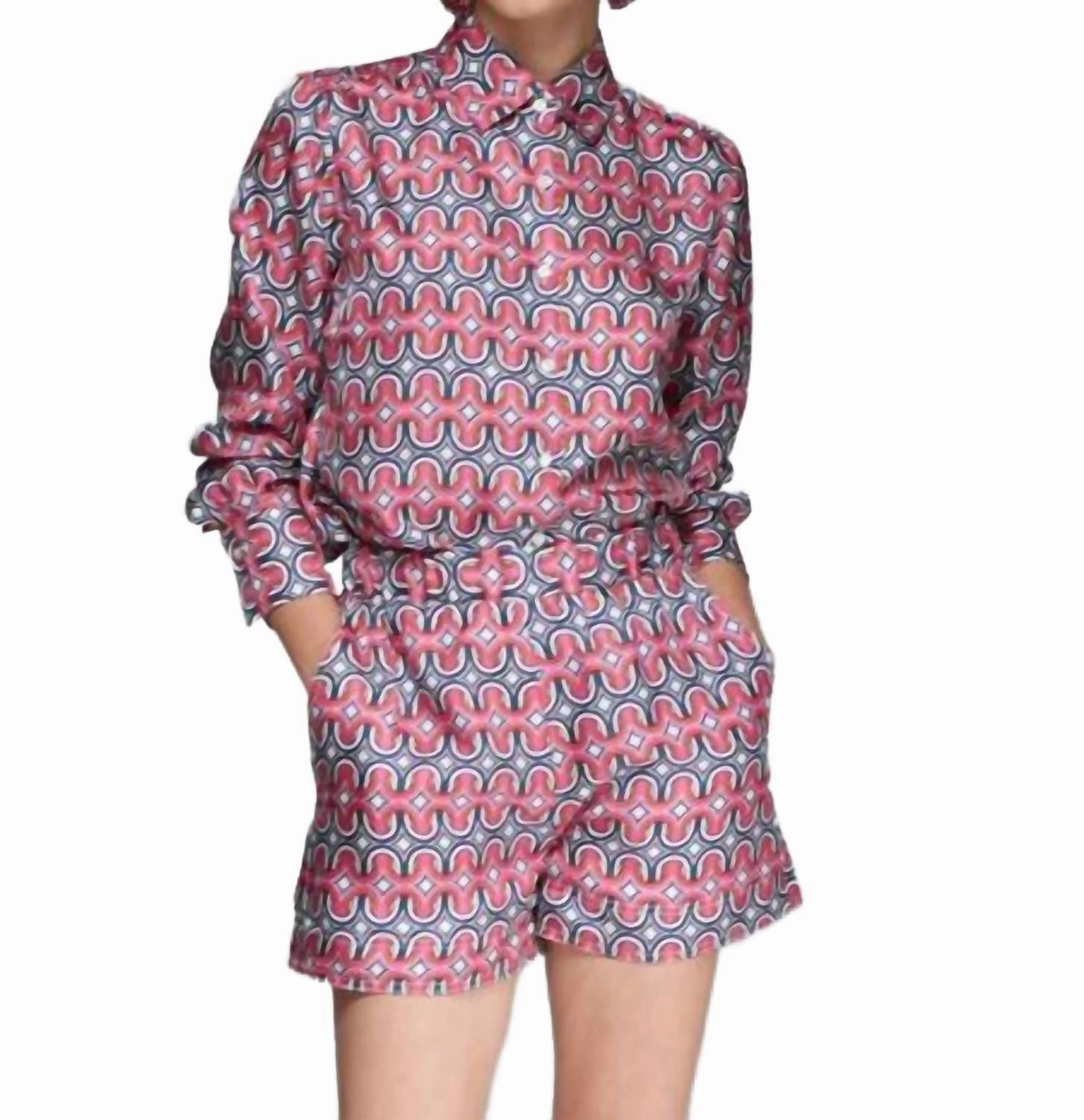 Geometric Print Silk Shirt In Pink/navy