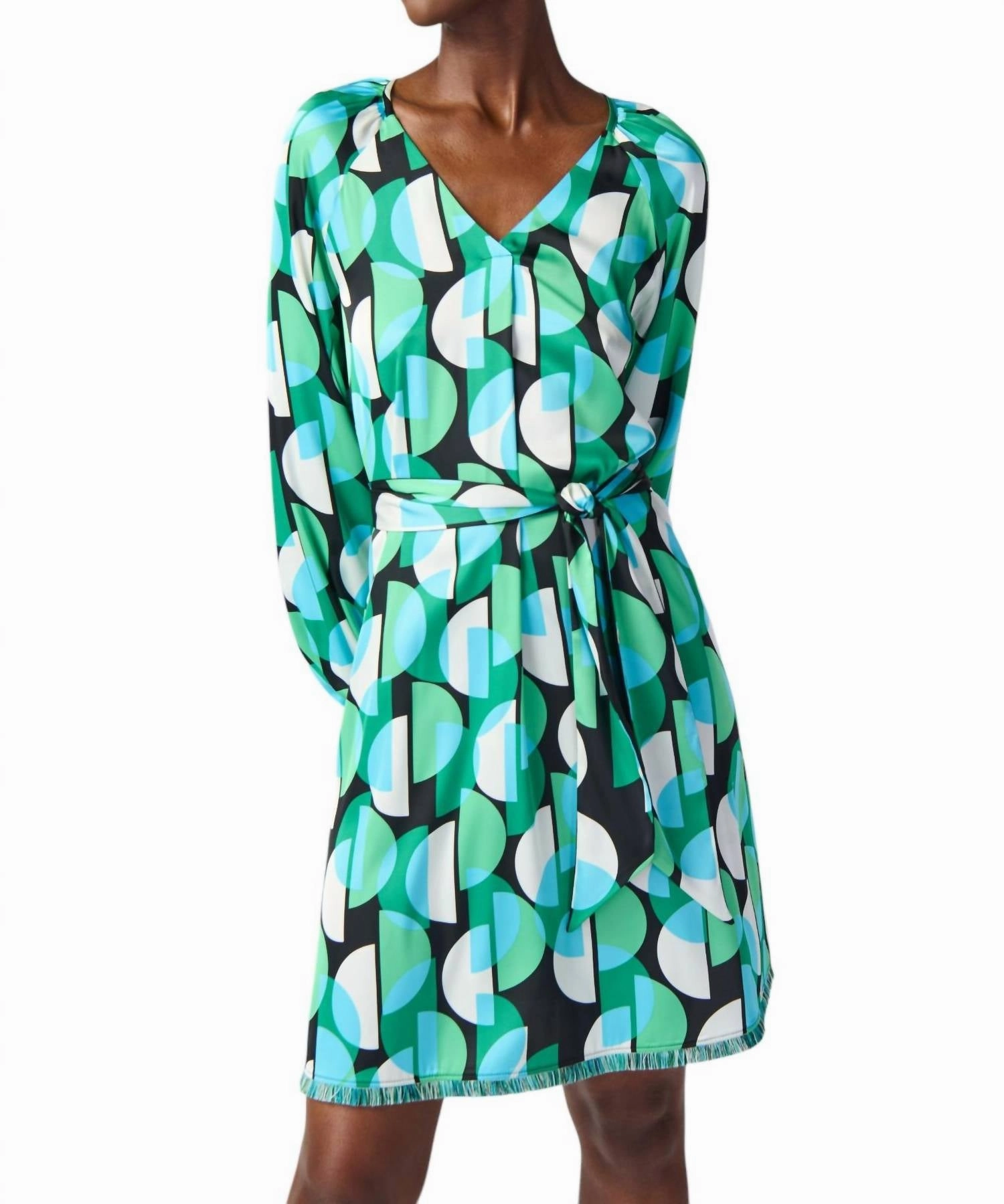 Geometric Print Tie-Waist Dress In Black/multi