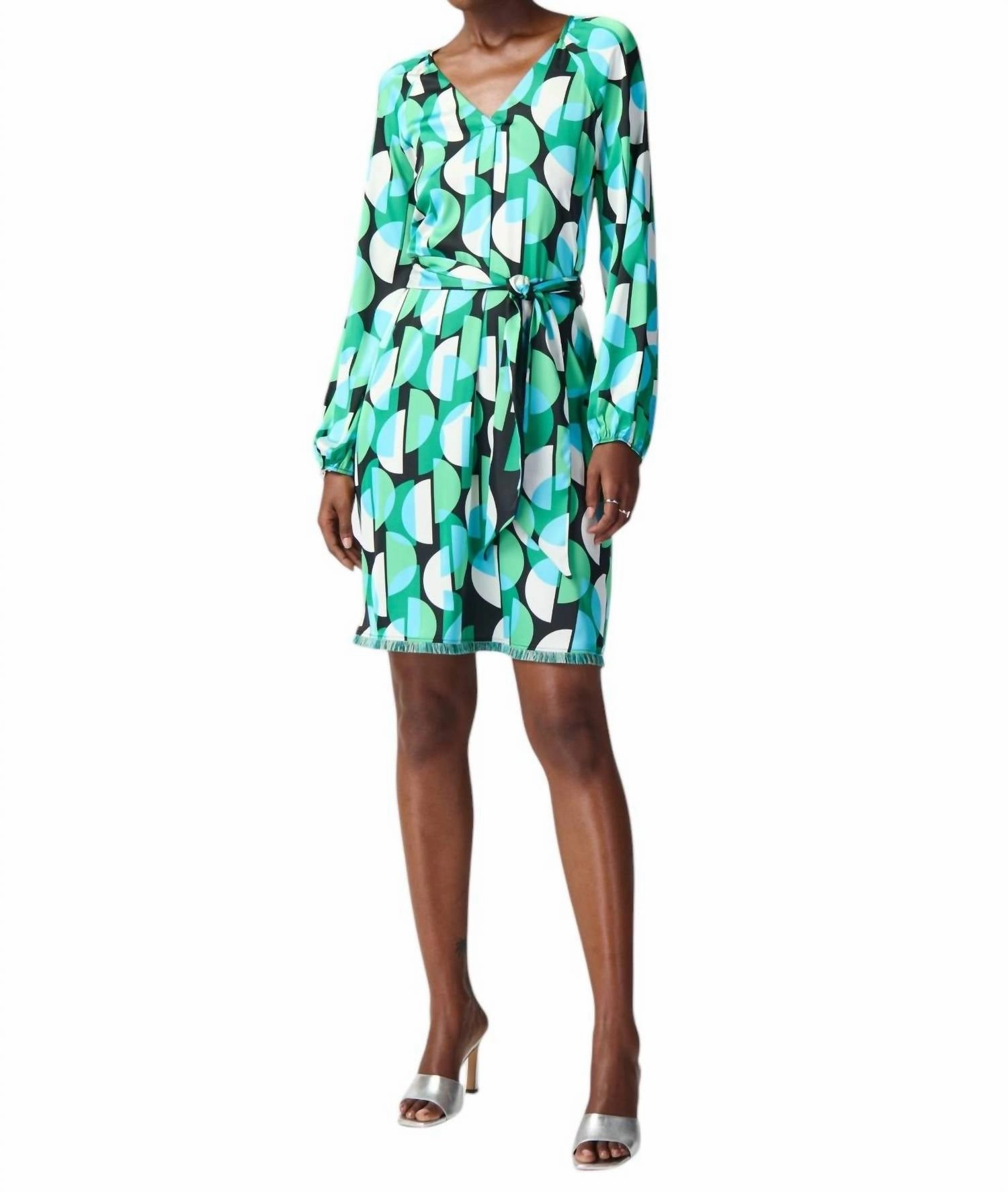 Geometric Print Tie-Waist Dress In Black/multi