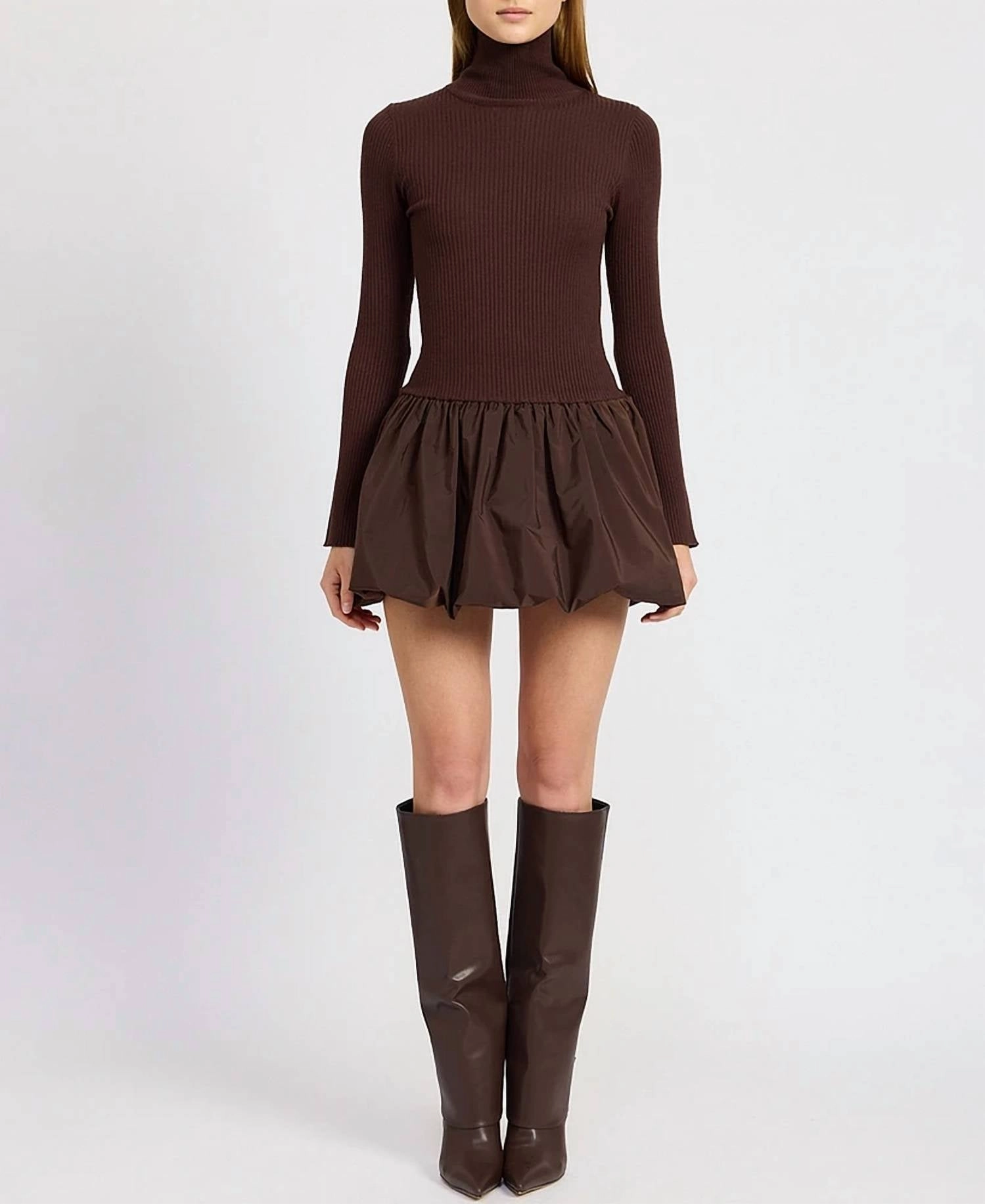 Giovanna Mixed Media Mini Dress In Espresso
