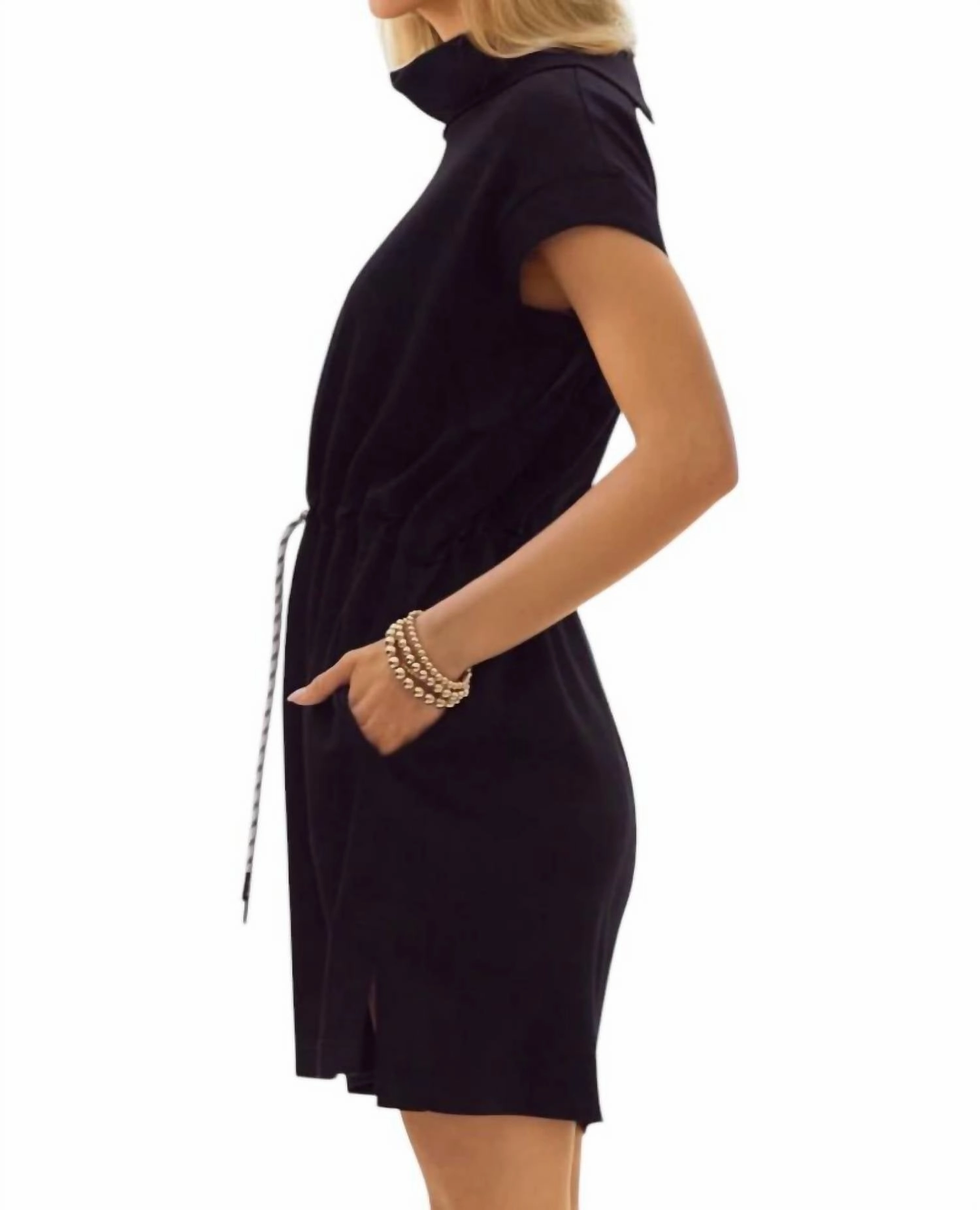 Gloria Folded Neck Drawstring Dress In Black