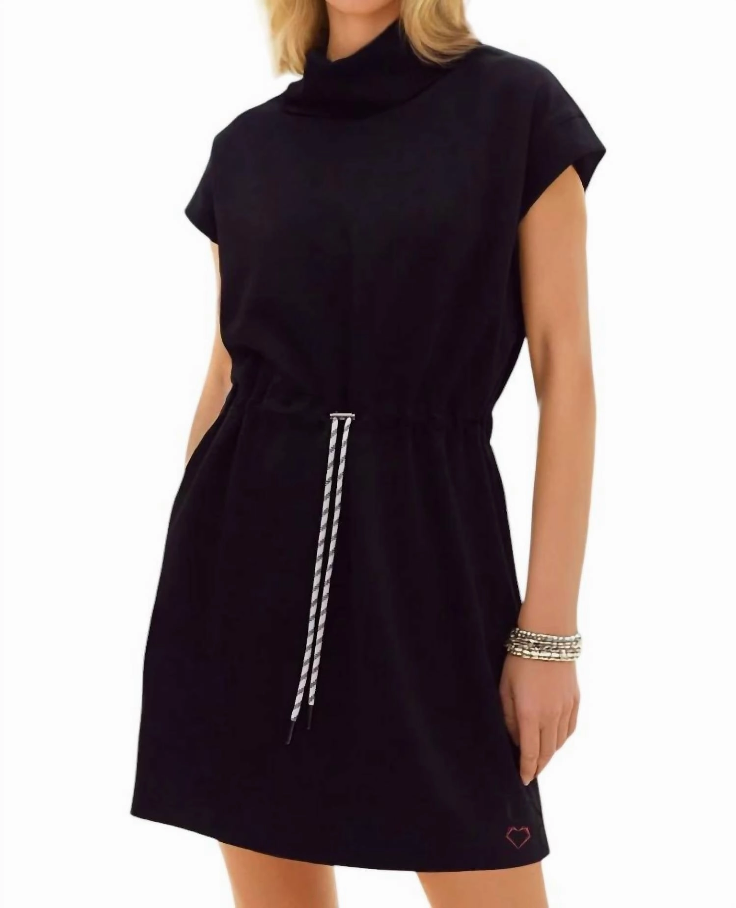 Gloria Folded Neck Drawstring Dress In Black