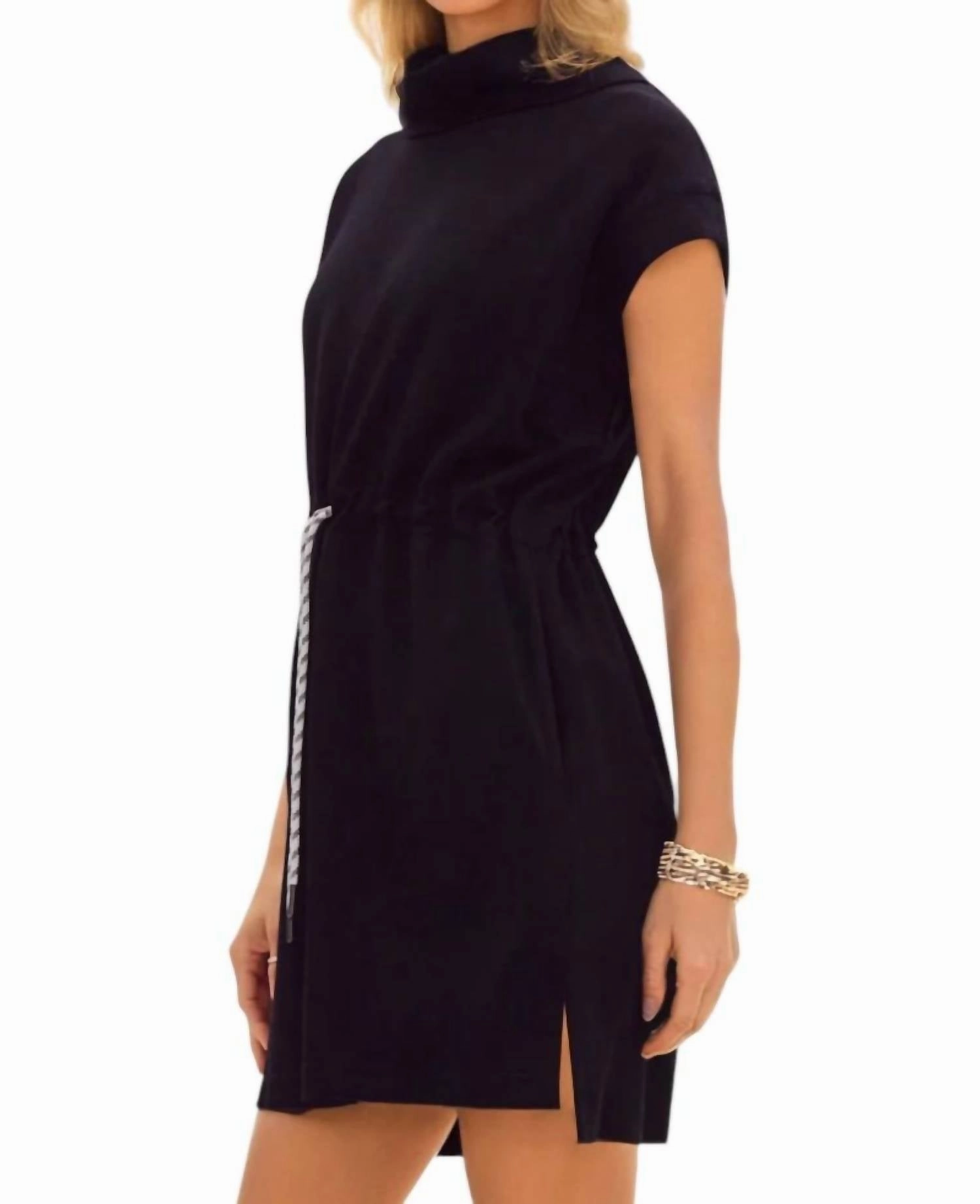 Gloria Folded Neck Drawstring Dress In Black