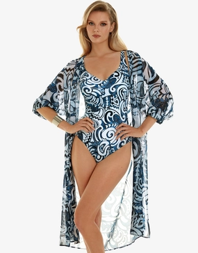 Graffiti Midi Length Beach Shirt - Blue and White Roidal - Roidal activewear best price