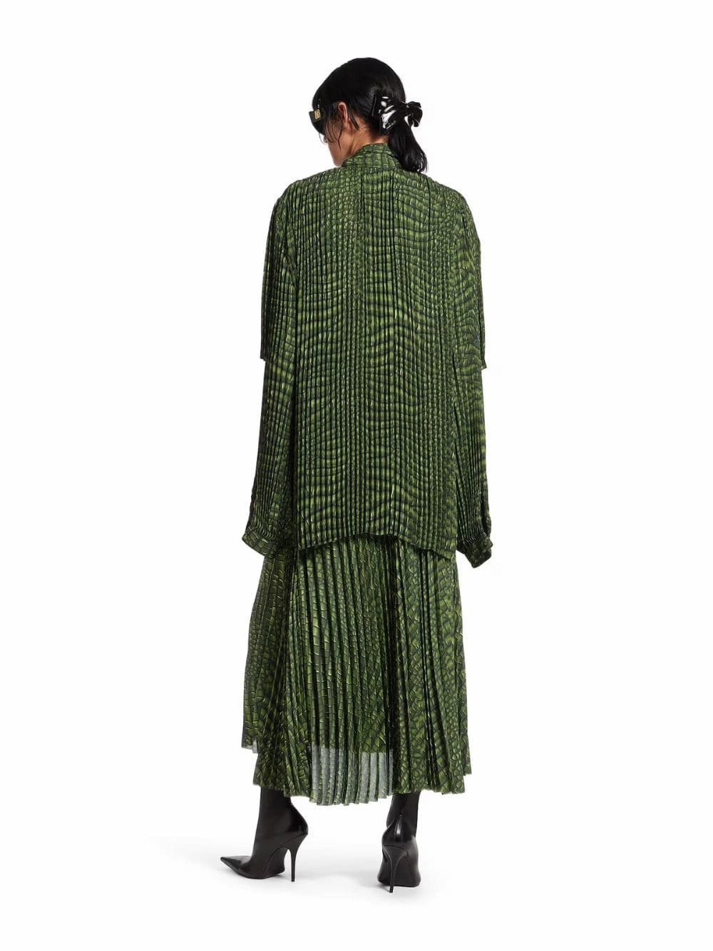 Green Double Sleeve Pleated Dress