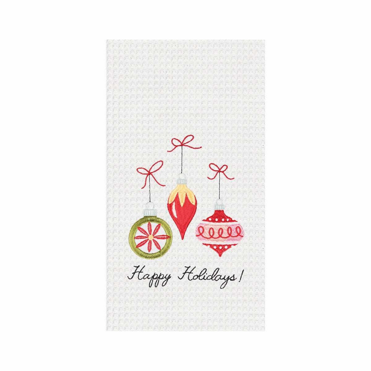 Happy Holidays! Embroidered Ornaments Waffle Weave Kitchen Towel
