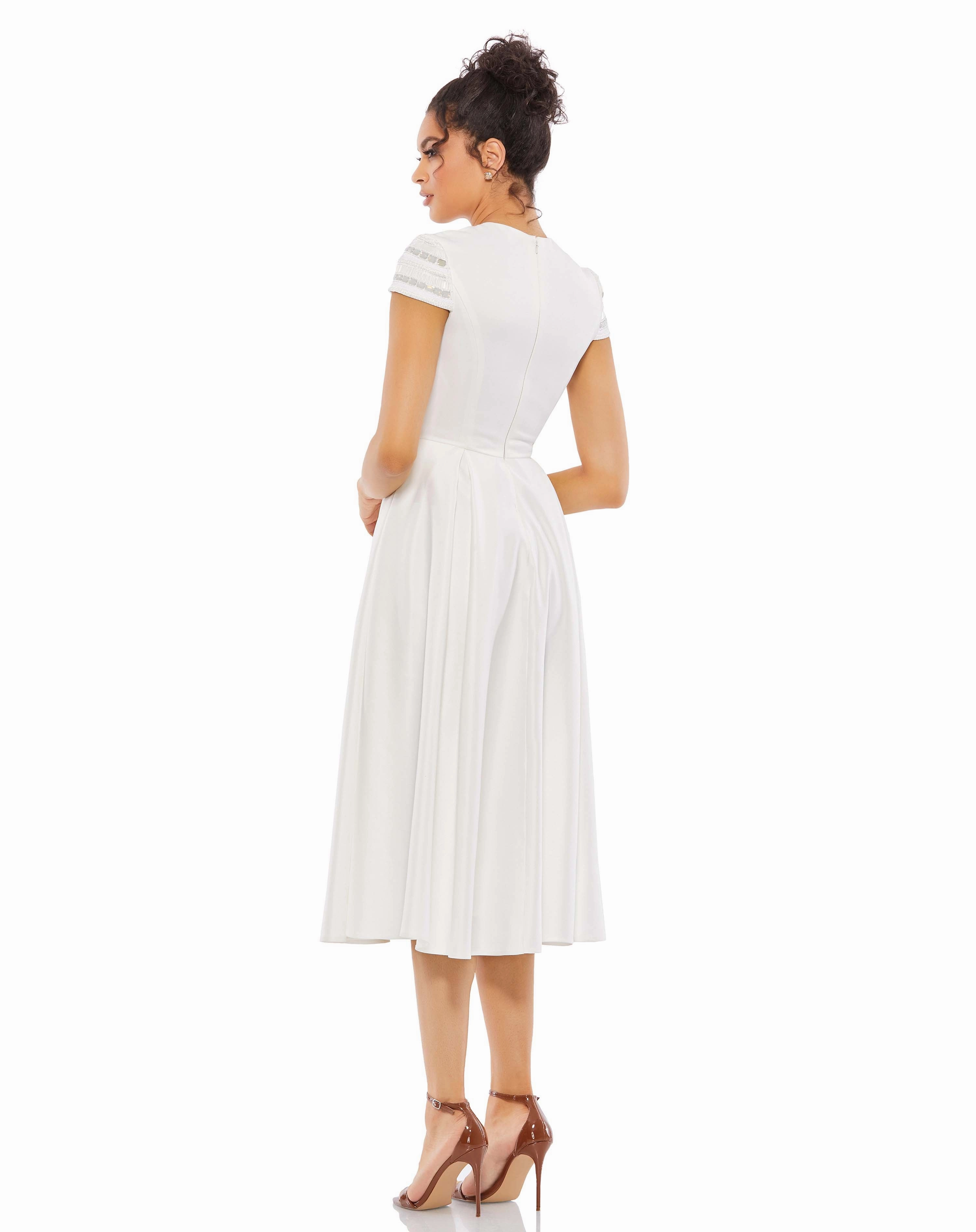 High Neck Cap Sleeve Tea Length Dress