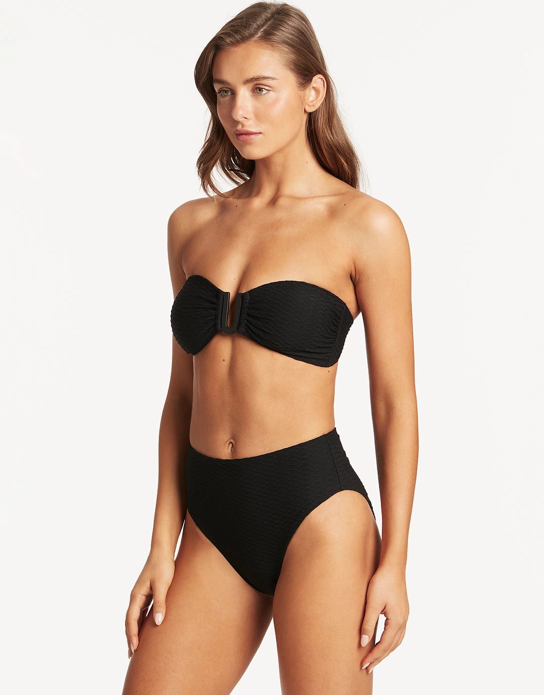 Honeycomb U Bar Bandeau Bikini Top - Black