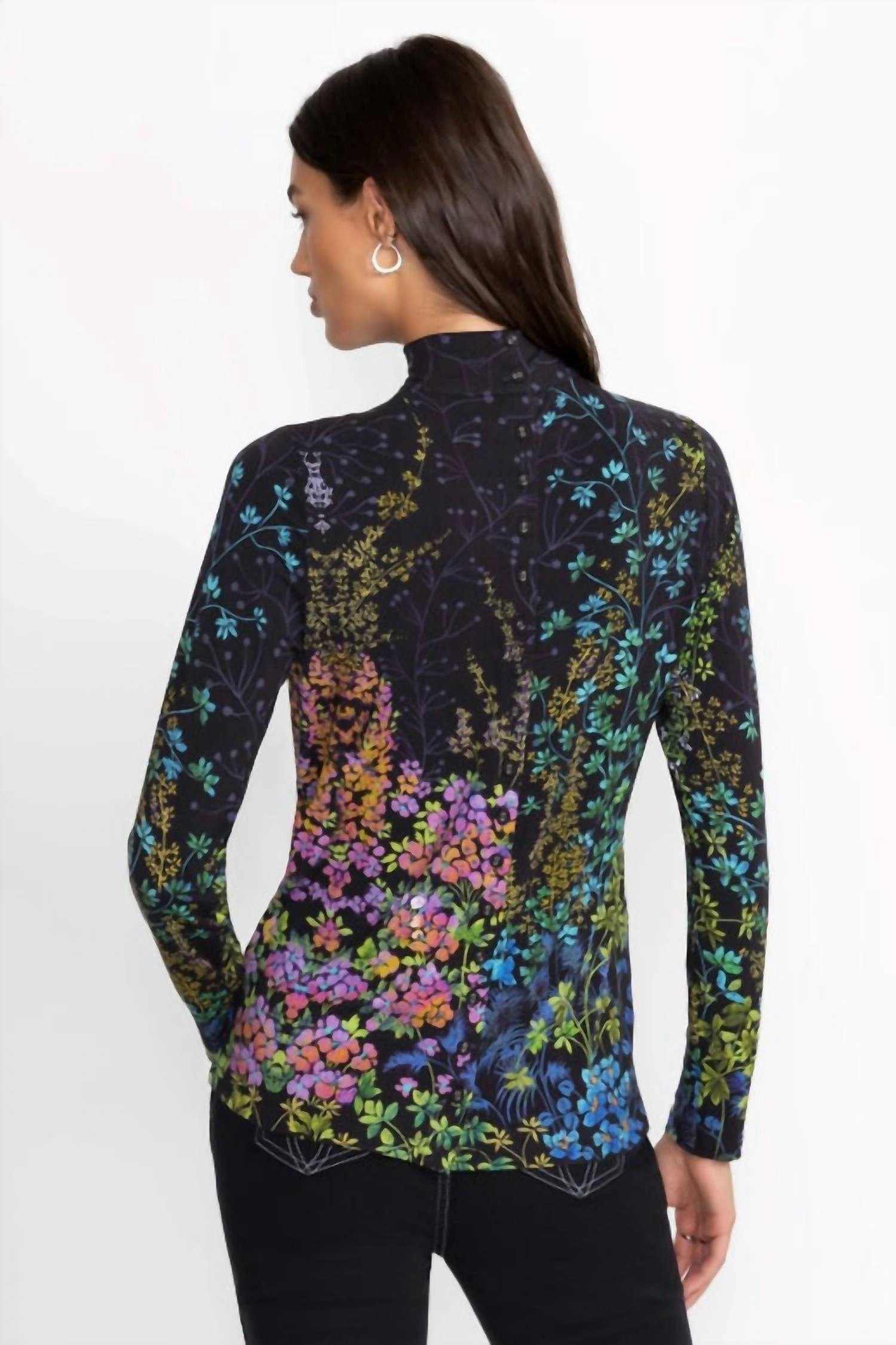 Janie Favorite Button Back Mock Neck In Magic Garden