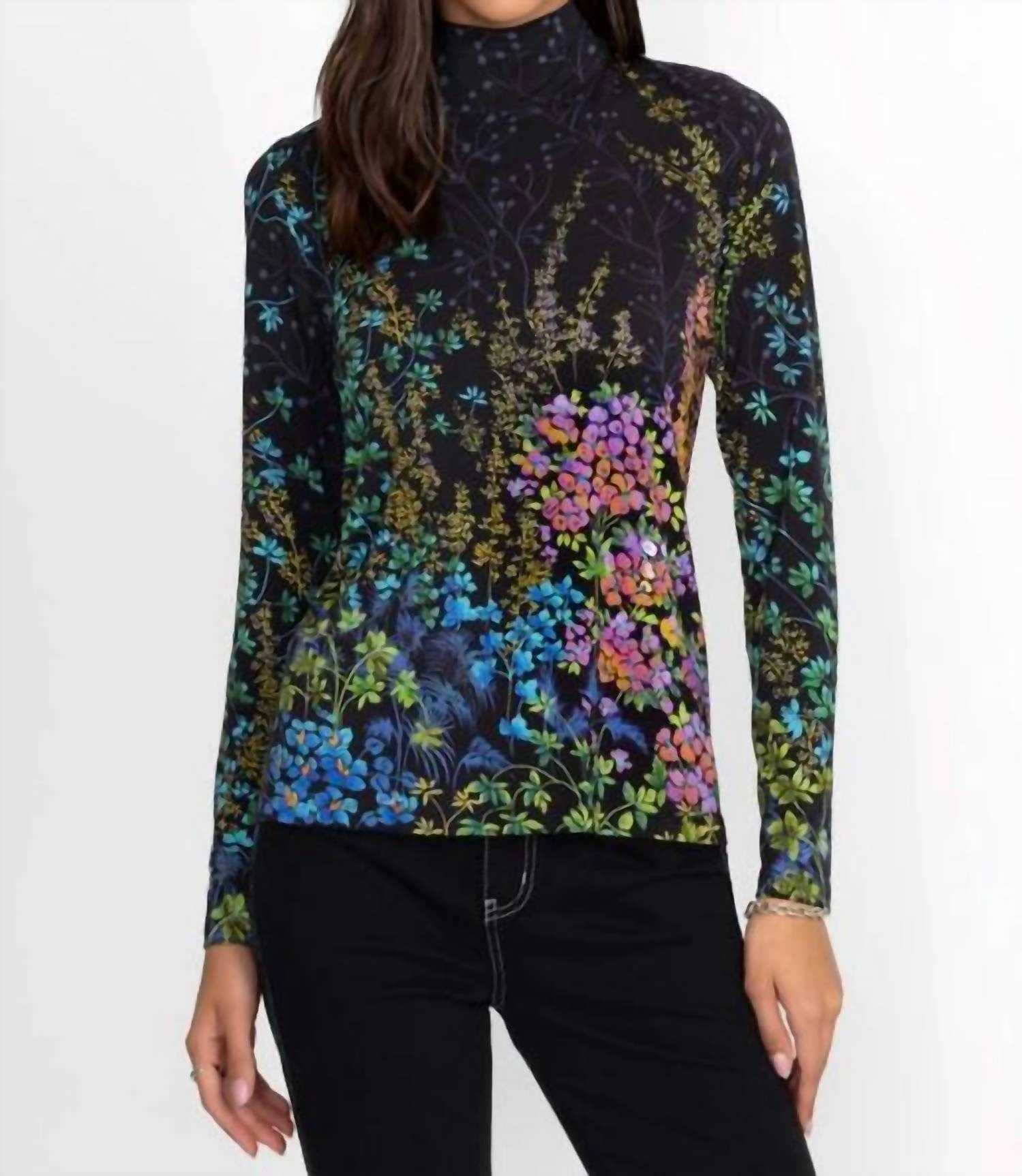 Janie Favorite Button Back Mock Neck In Magic Garden
