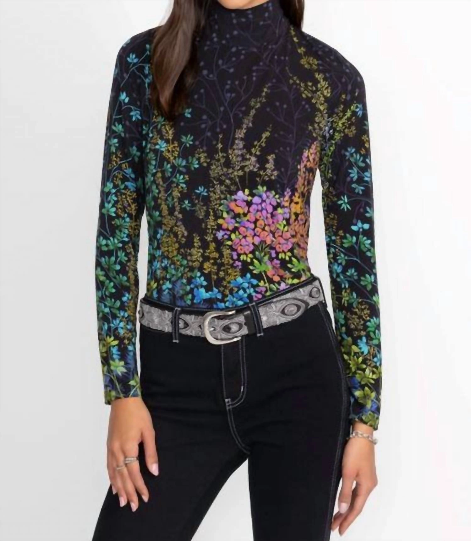 Janie Favorite Button Back Mock Neck In Magic Garden