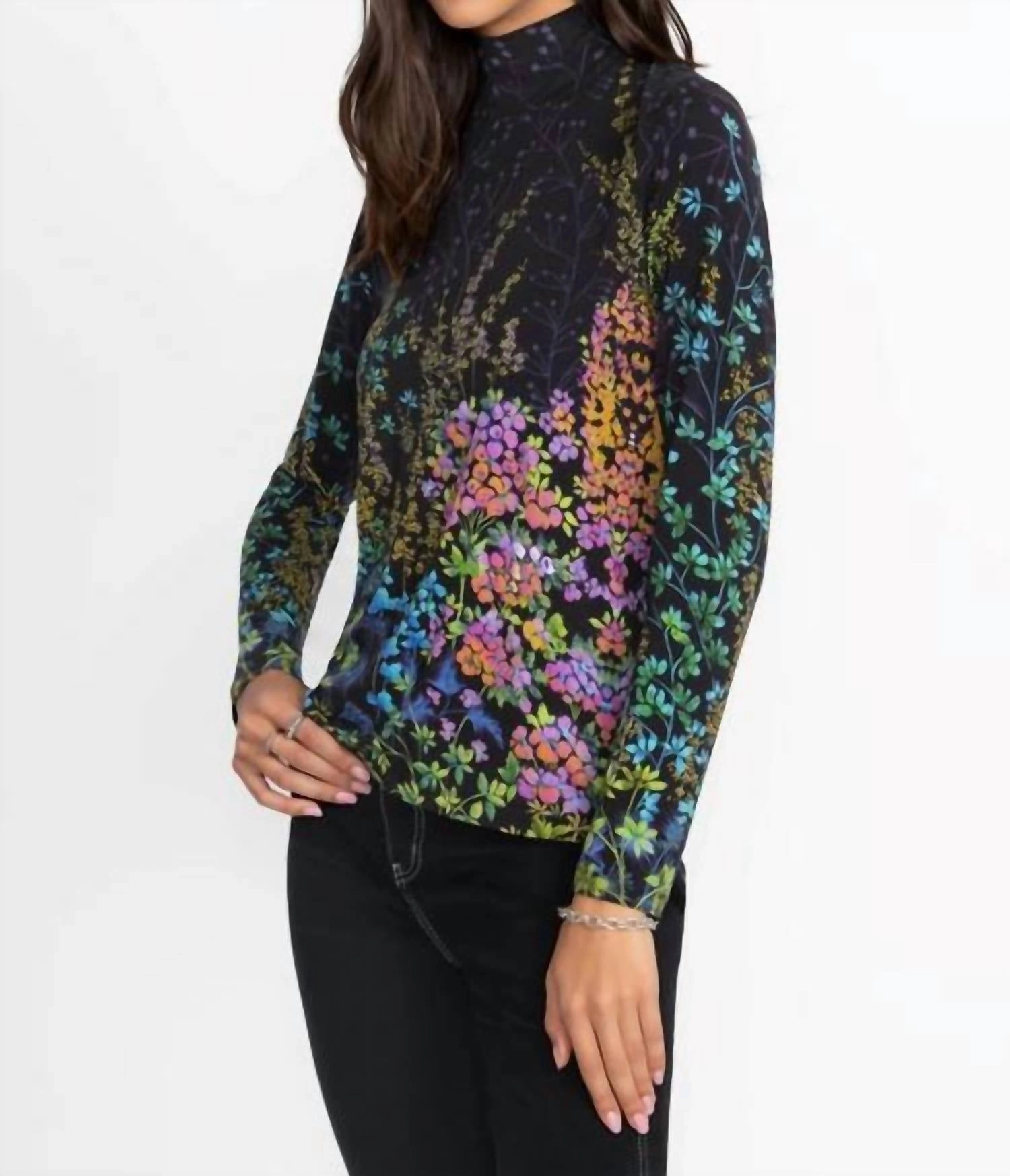 Janie Favorite Button Back Mock Neck In Magic Garden
