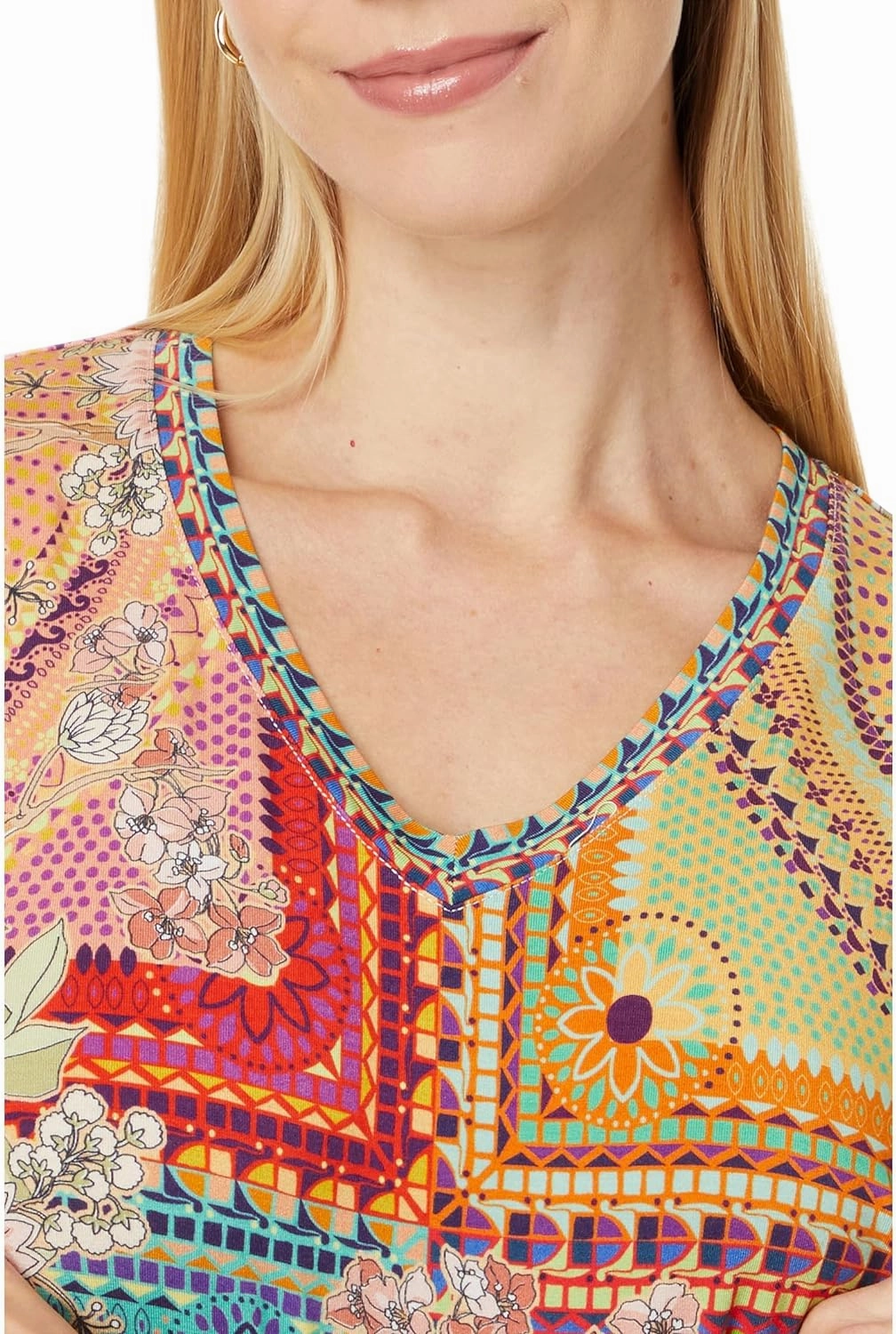 Johnny Was Women's The Janie Favorite Short Sleeve V-Neck Tee-Mosaic, Multicolor
