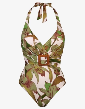 Journey Belted Halterneck Swimsuit - Cream Reed Maryan Mehlhorn - Maryan Mehlhorn dresses