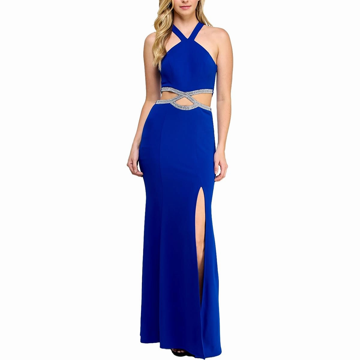 Juniors Womens Embellished Cut-Out Halter Dress