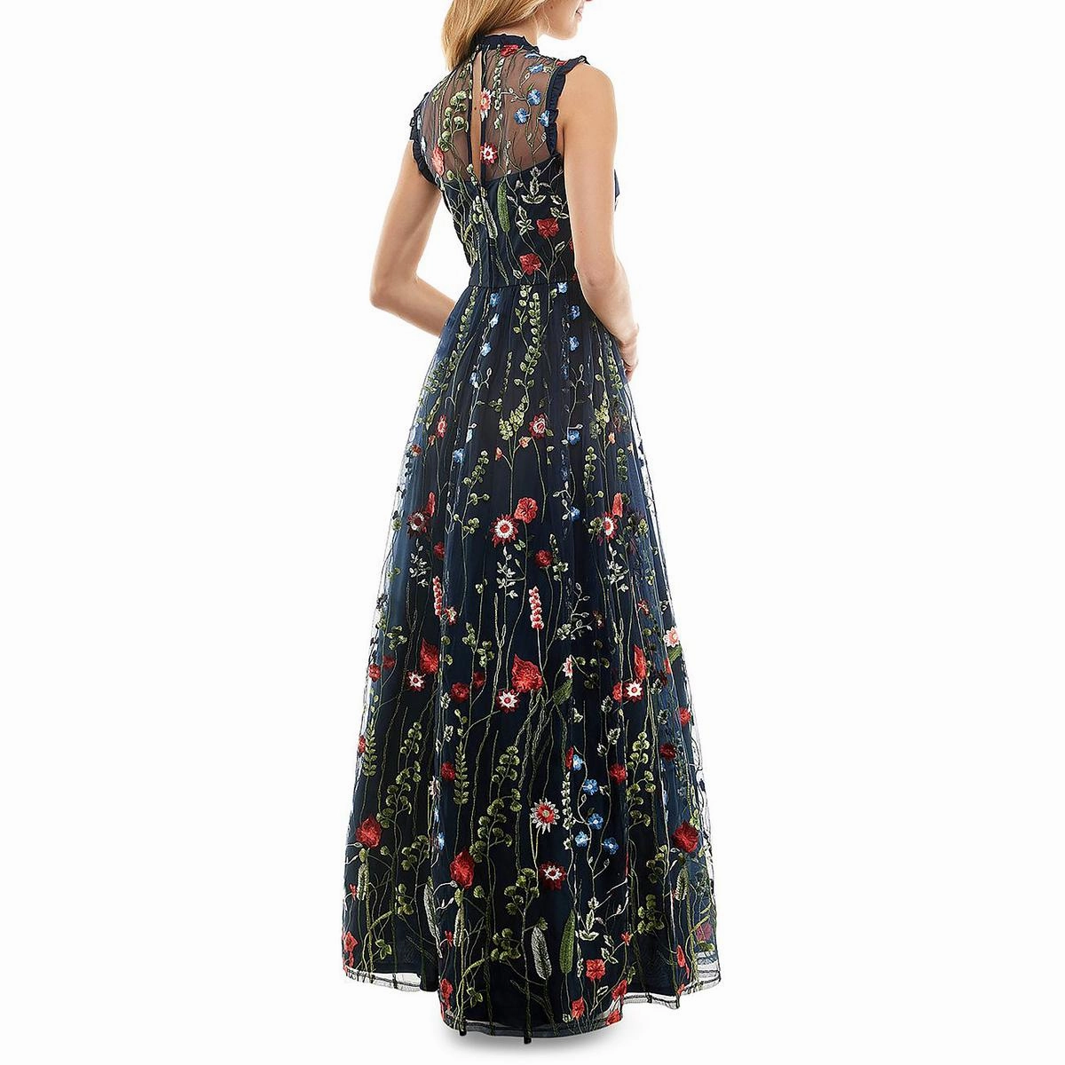 Juniors Womens Embroidered Ruffled Evening Dress
