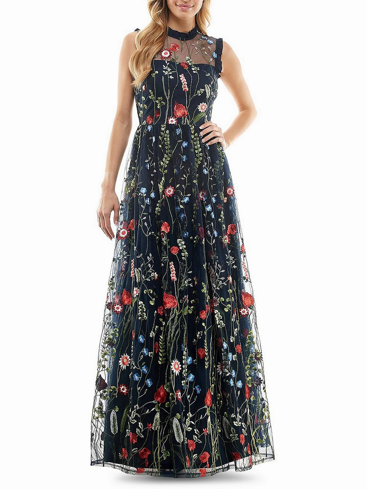 Juniors Womens Embroidered Ruffled Evening Dress