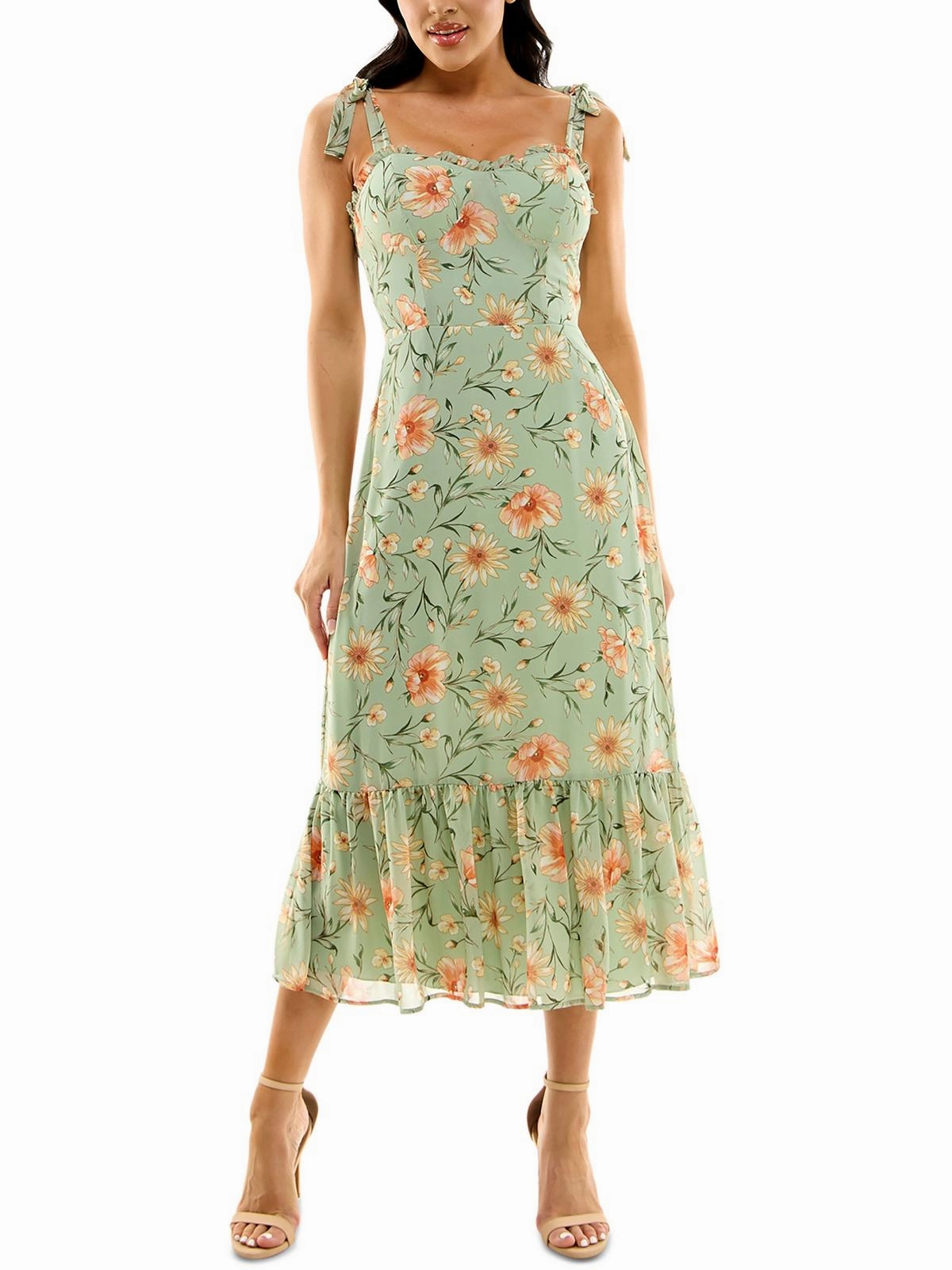 Juniors Womens Floral Print Tie Shoulder Midi Dress