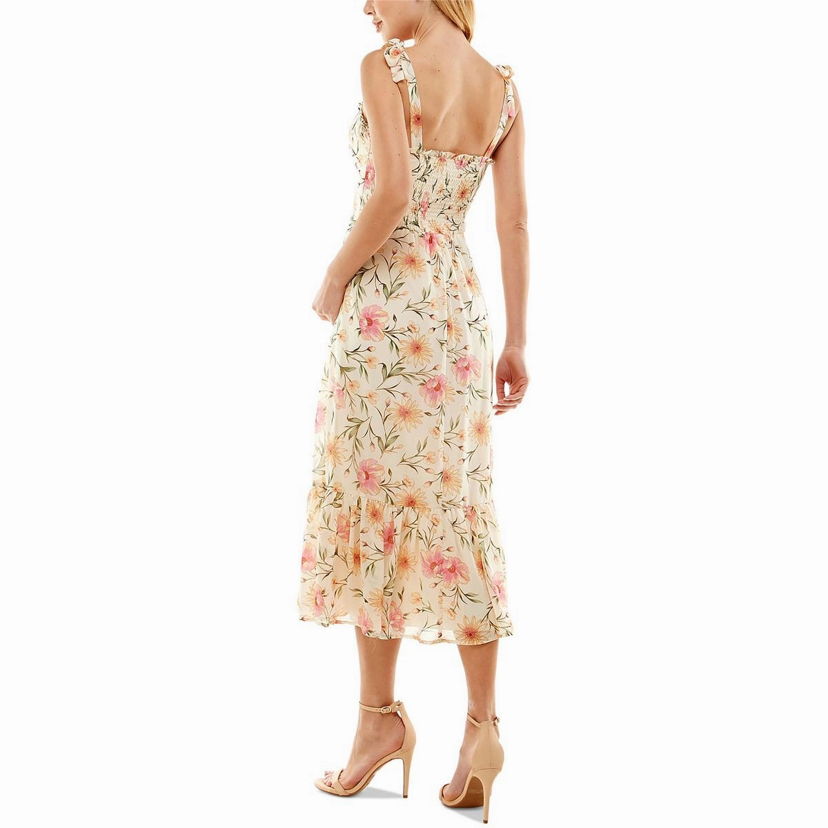 Juniors Womens Floral Print Tie Shoulder Midi Dress