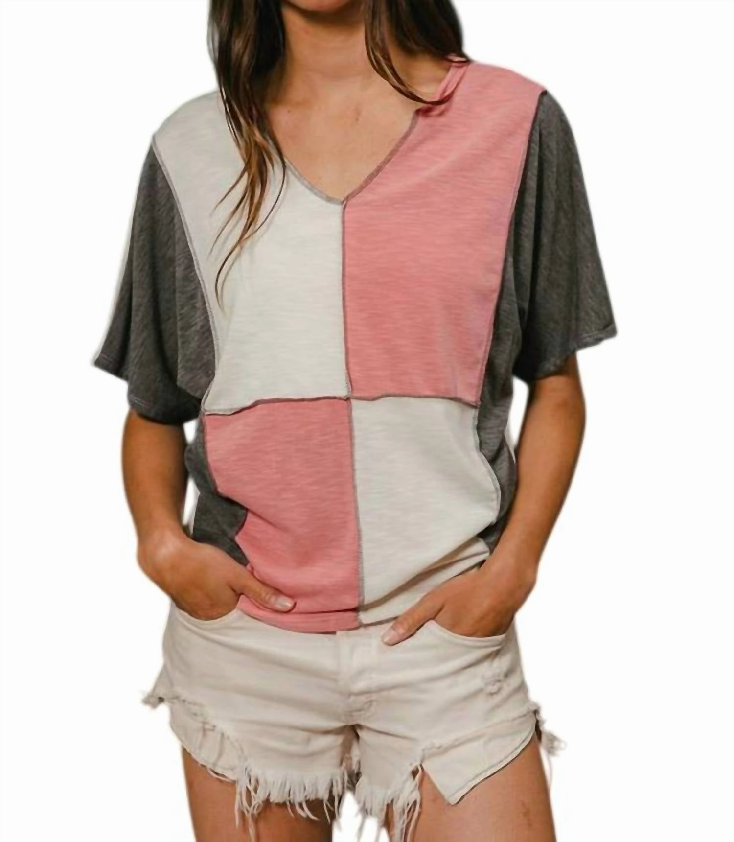 Kendra Color Block Top In Coral/charcoal