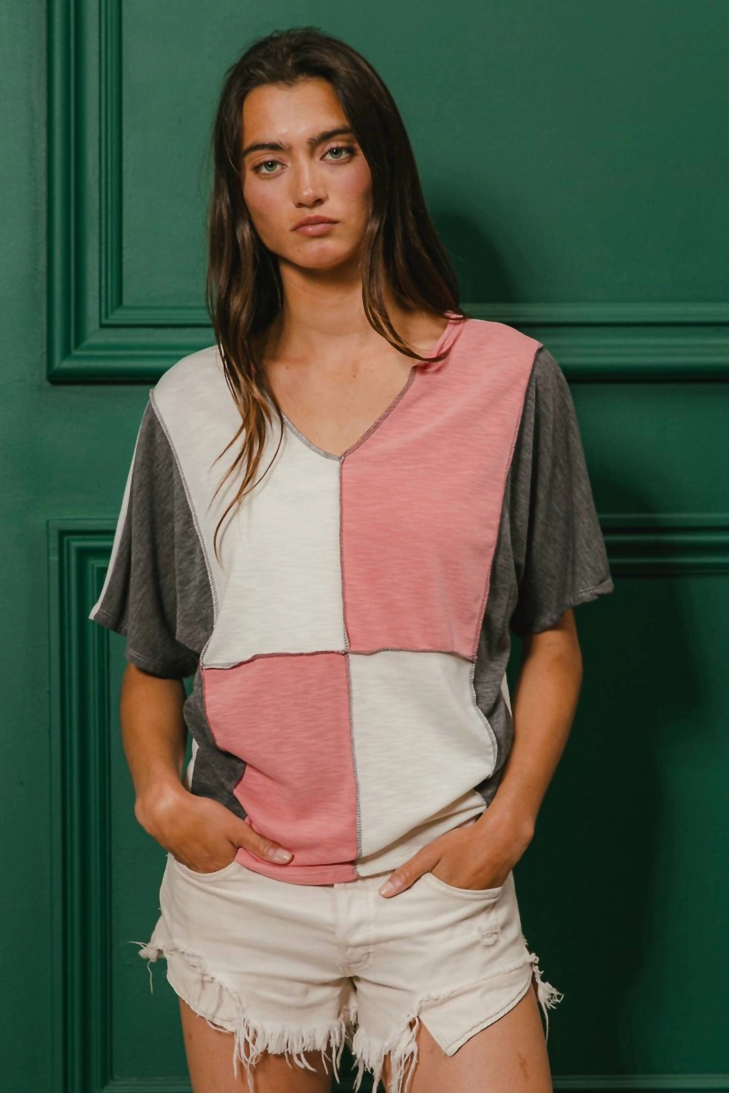 Kendra Color Block Top In Coral/charcoal