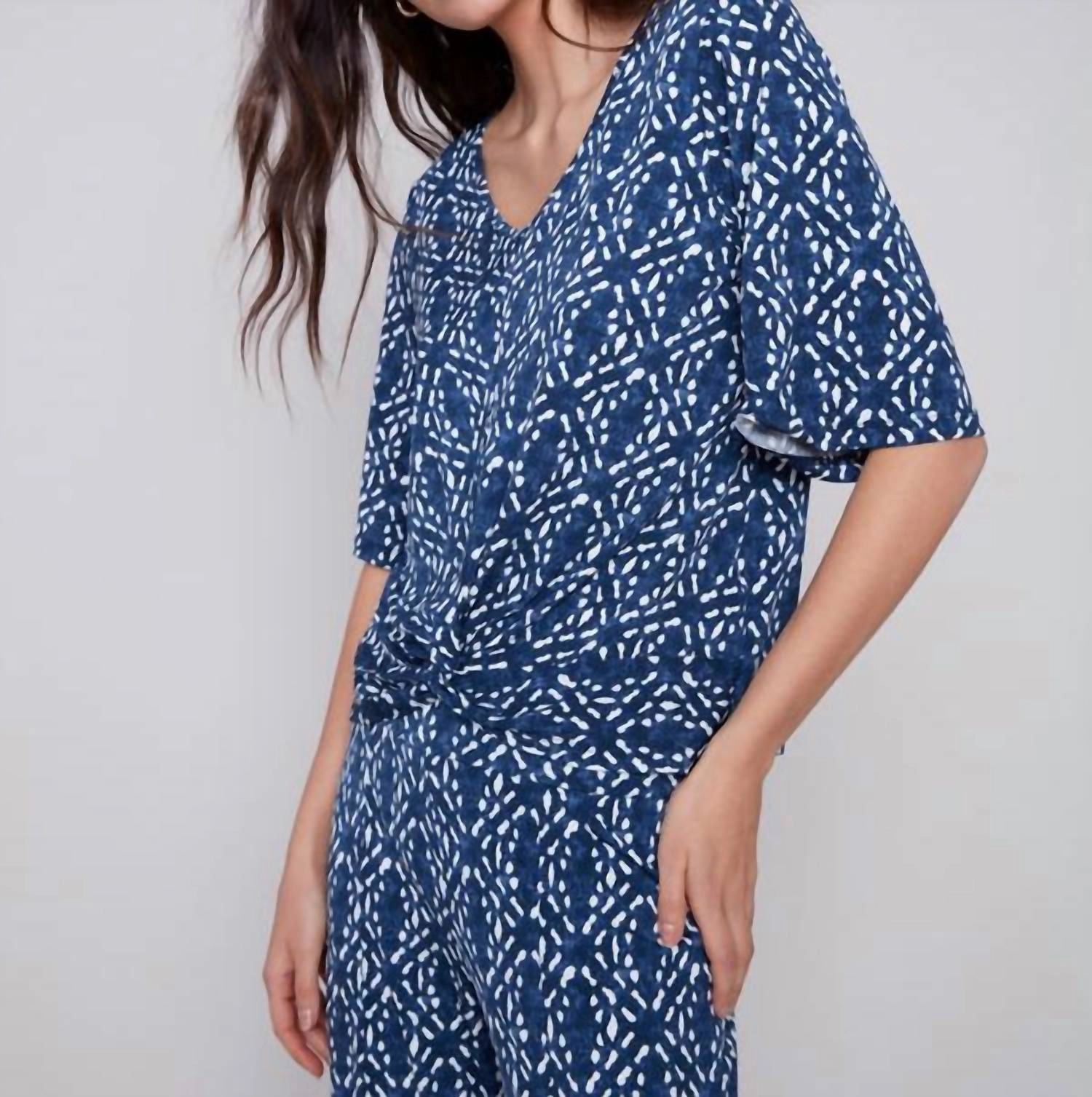 Knotted Front V Neck Top In Indigo
