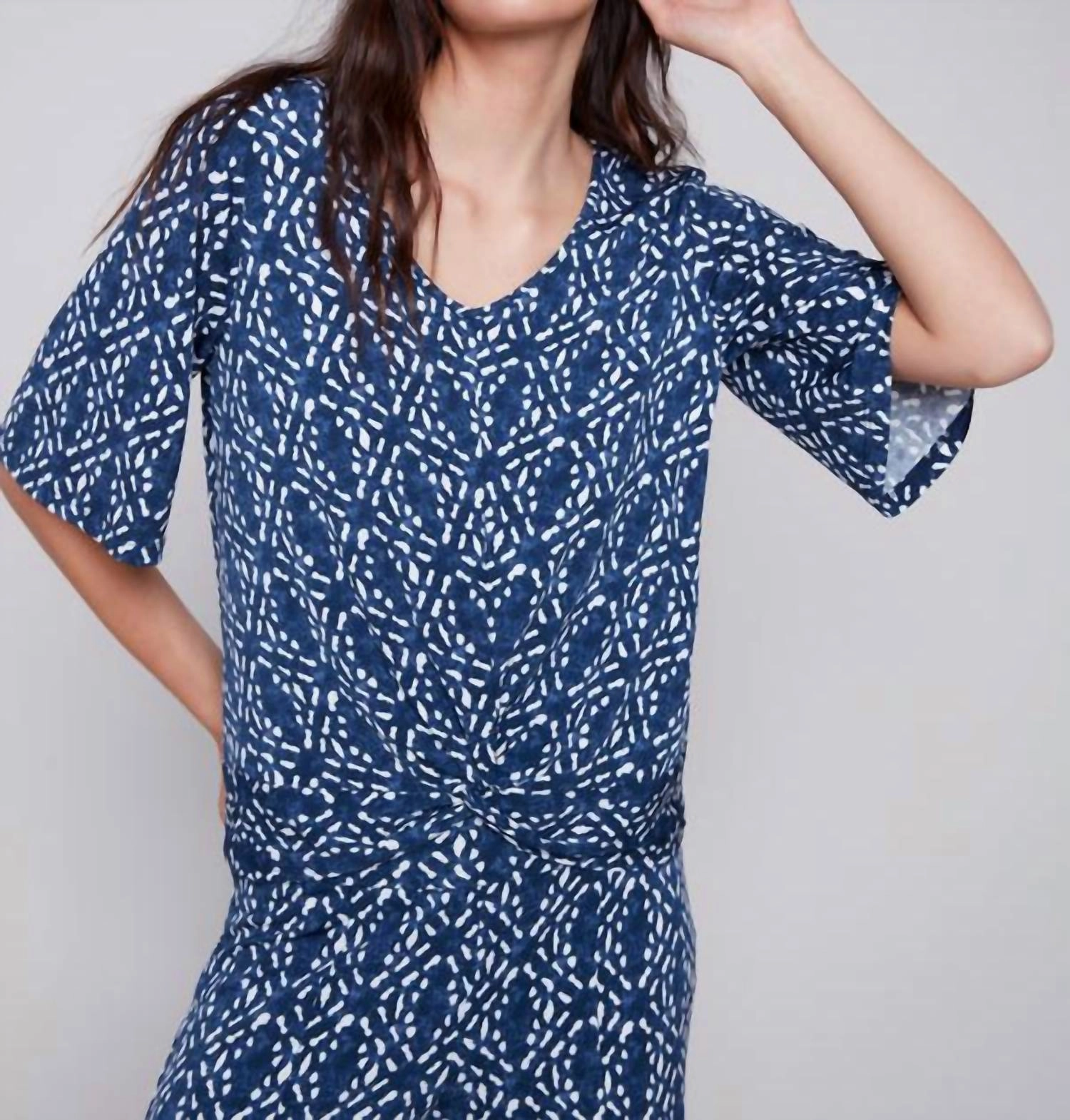 Knotted Front V Neck Top In Indigo