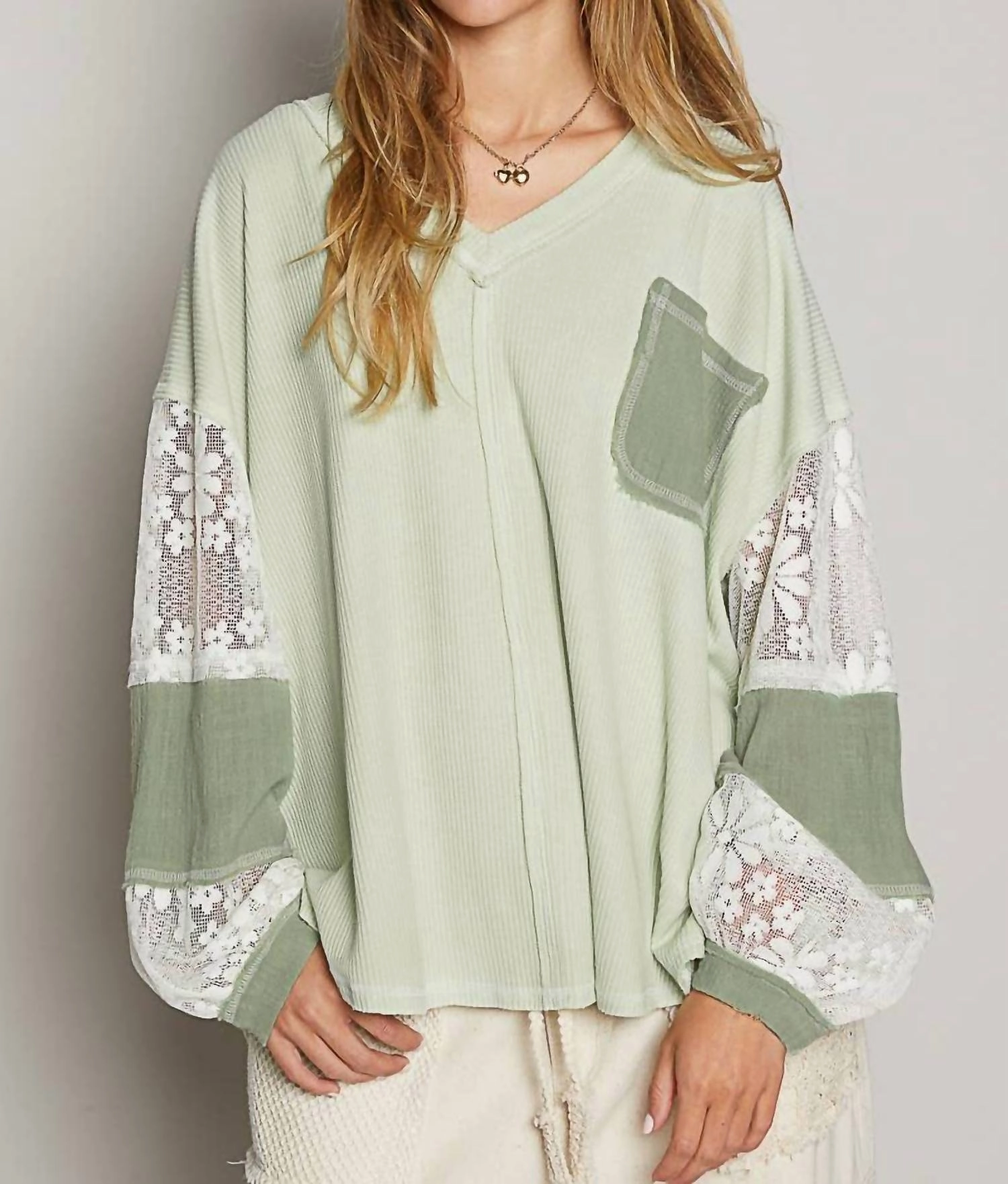 Lace Contrast Top In Sage Green