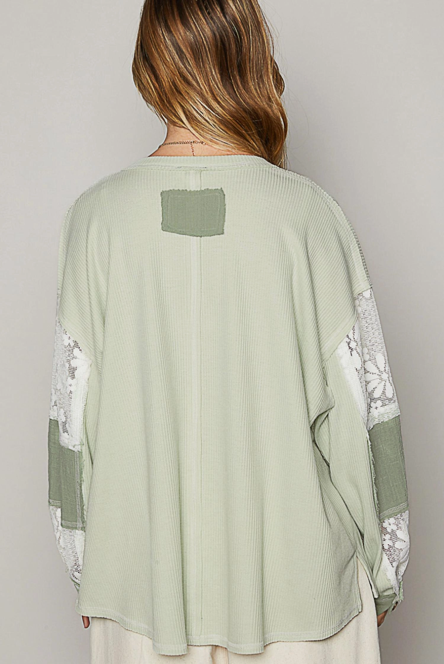 Lace Contrast Top In Sage Green
