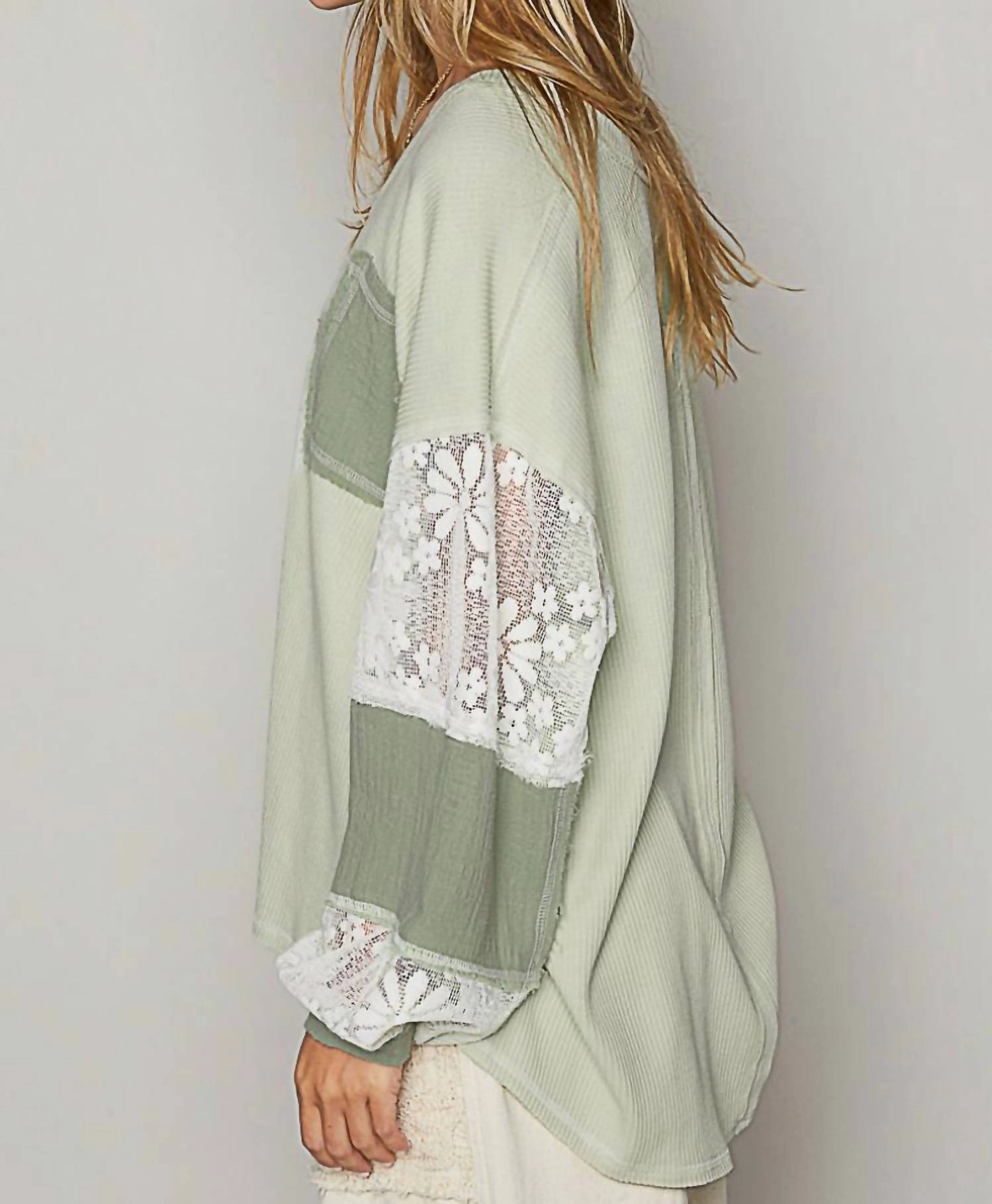 Lace Contrast Top In Sage Green