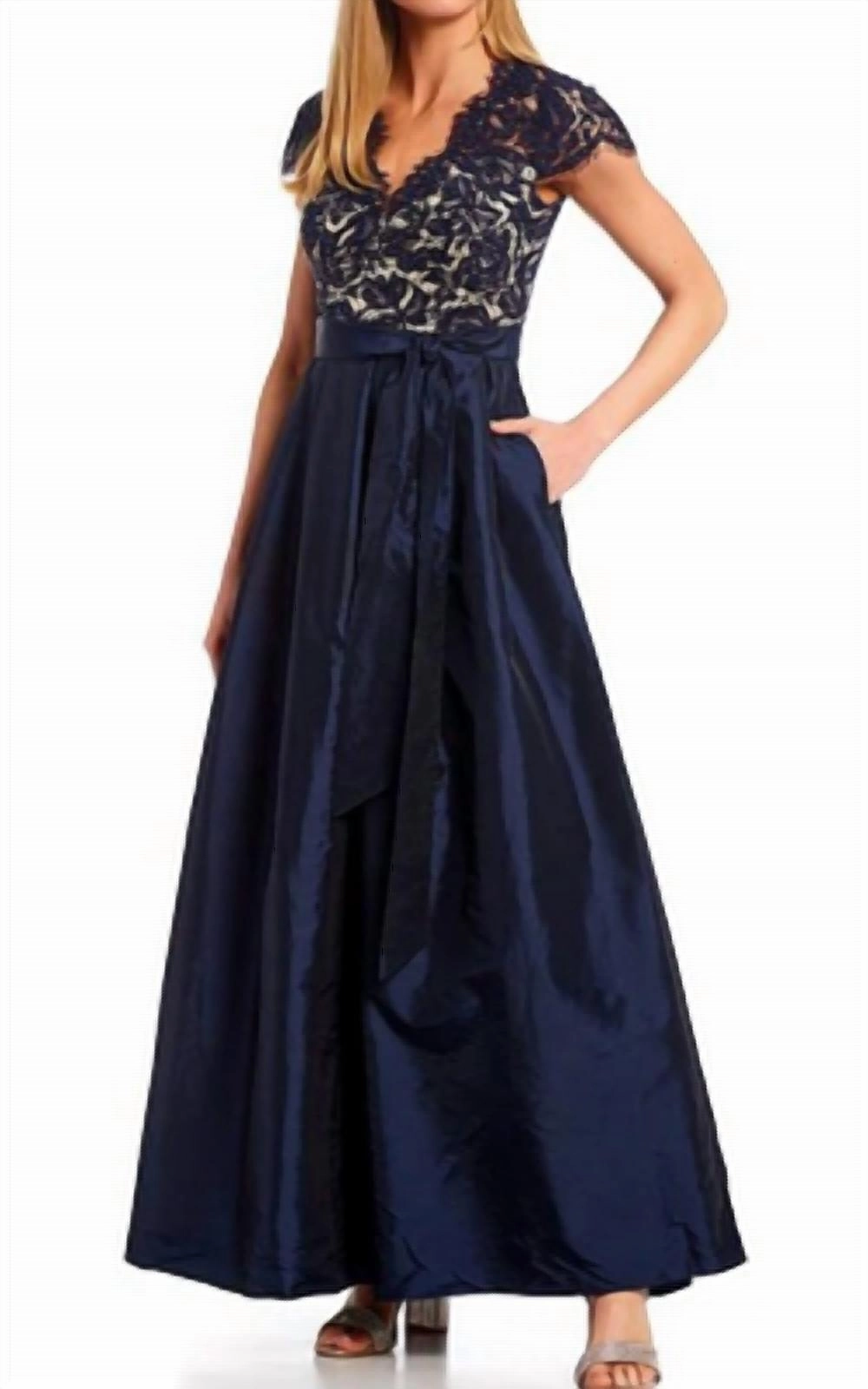 Lace Fit And Flare Midi Dress In Navy