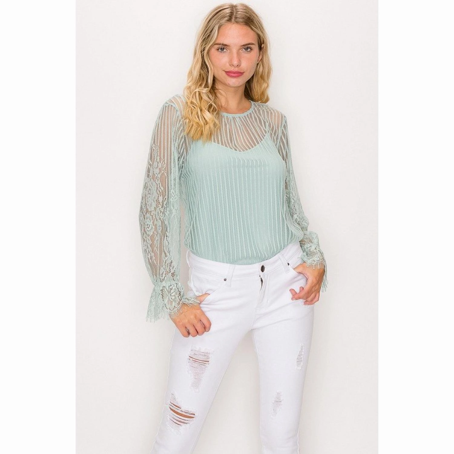 Lace Trim Shadow Stripe Bodysuit