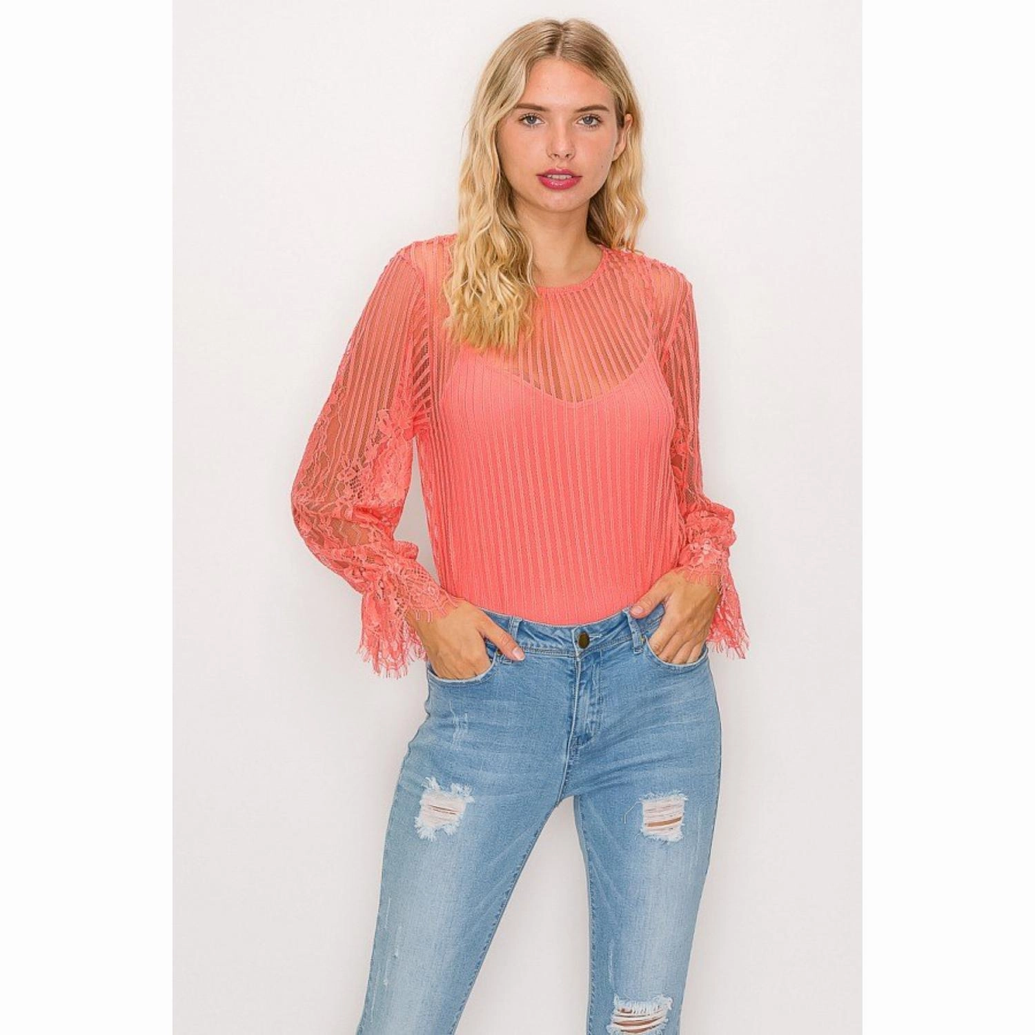 Lace Trim Shadow Stripe Bodysuit