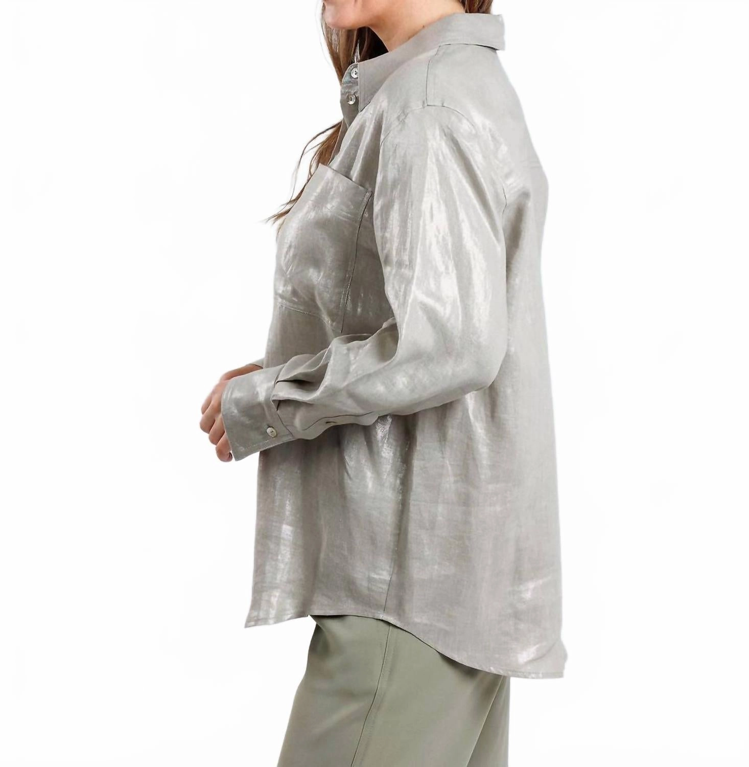 Larix Laminated Linen Blouse In Light Grey